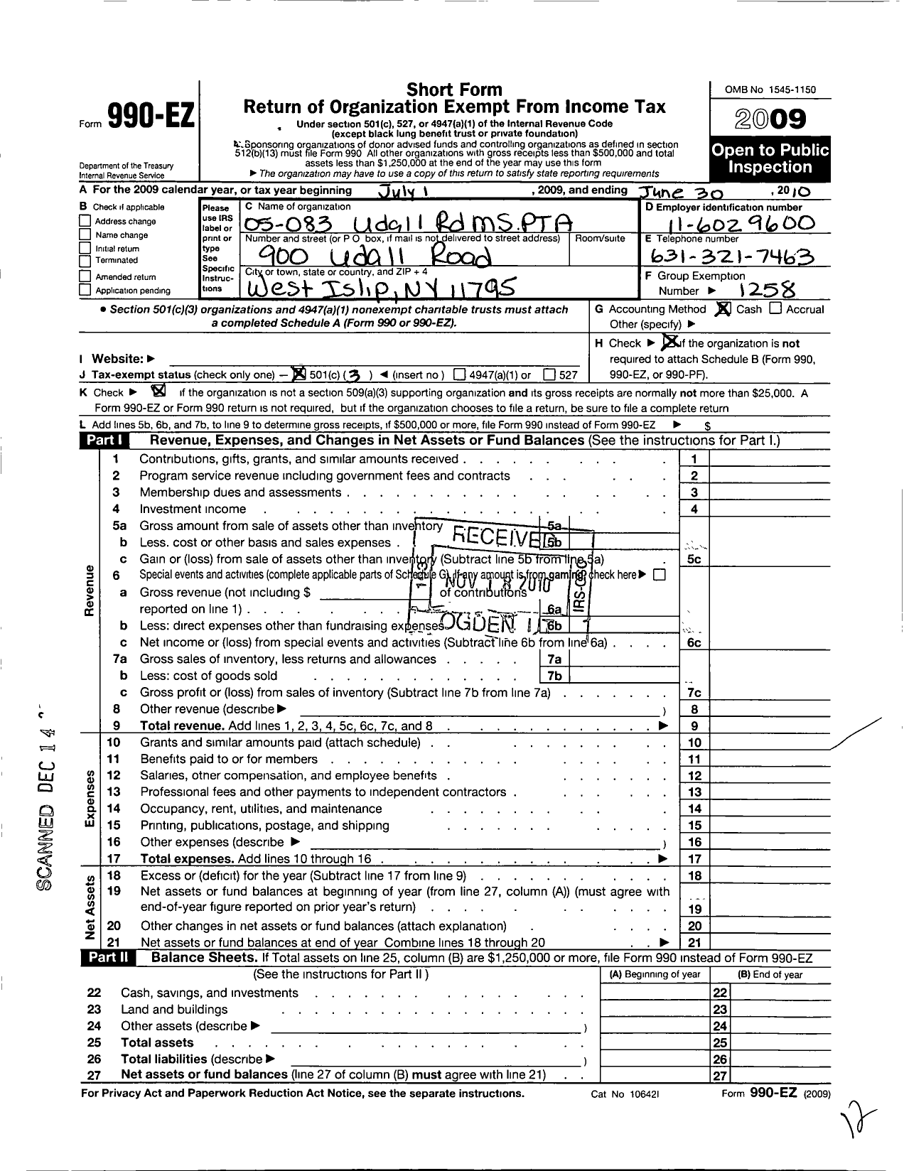 Image of first page of 2009 Form 990EZ for New York State PTA - 05-083 Udall Road Middle School PT