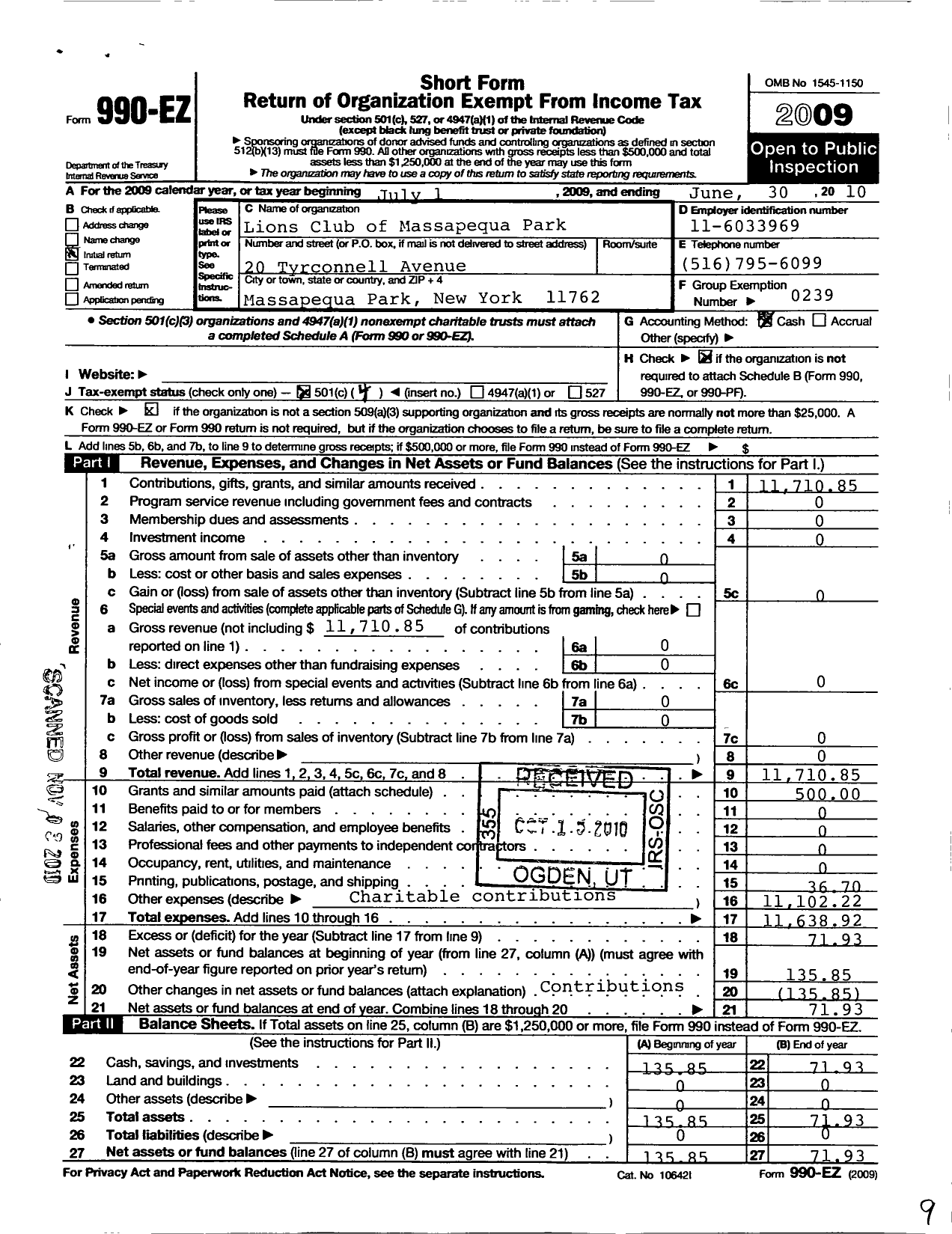 Image of first page of 2009 Form 990EO for Massapequa Park Lions Club 8513