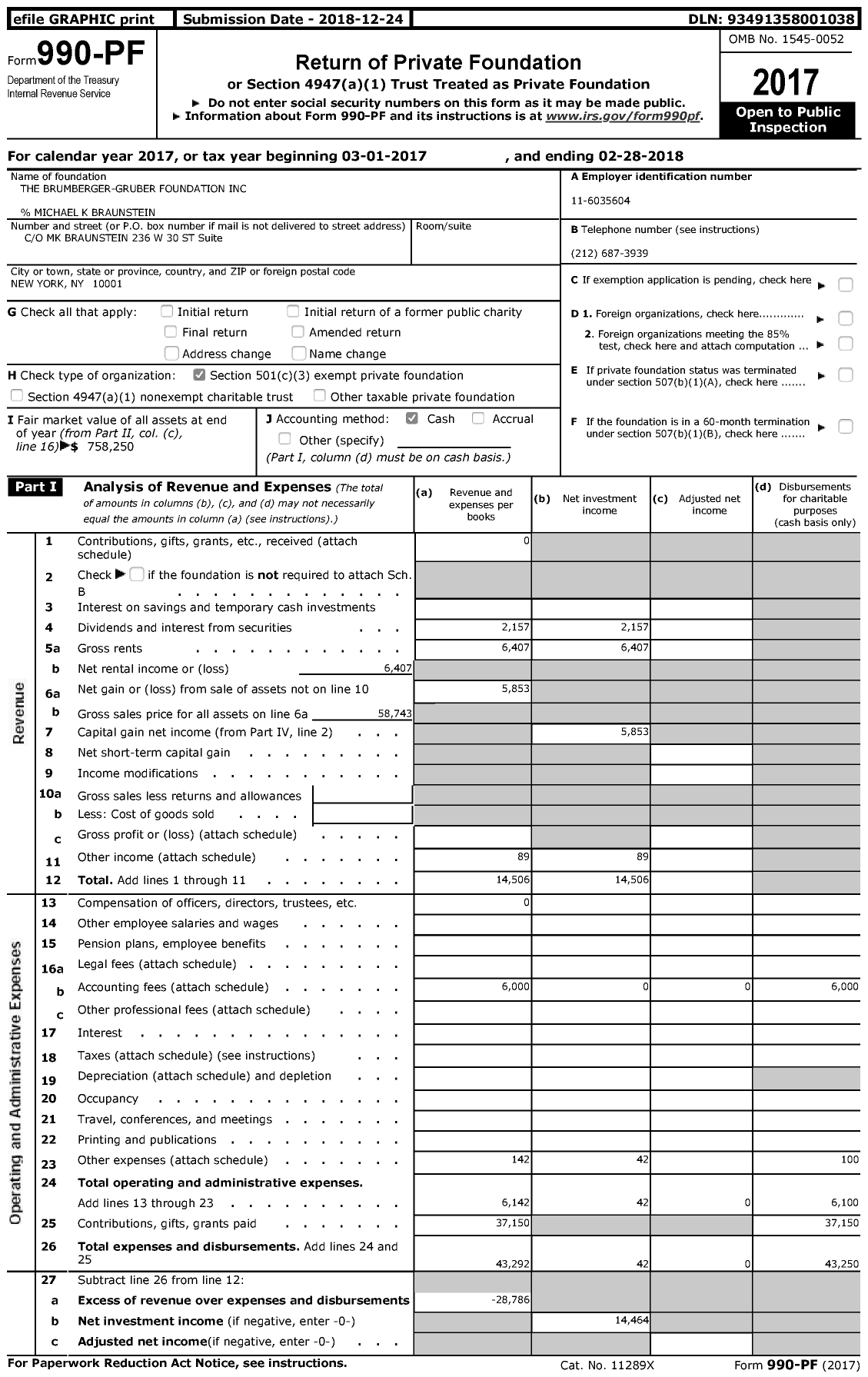 Image of first page of 2017 Form 990PF for The Brumberger-Gruber Foundation