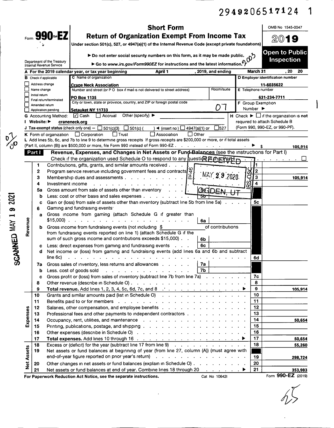 Image of first page of 2019 Form 990EO for Crane Neck Association