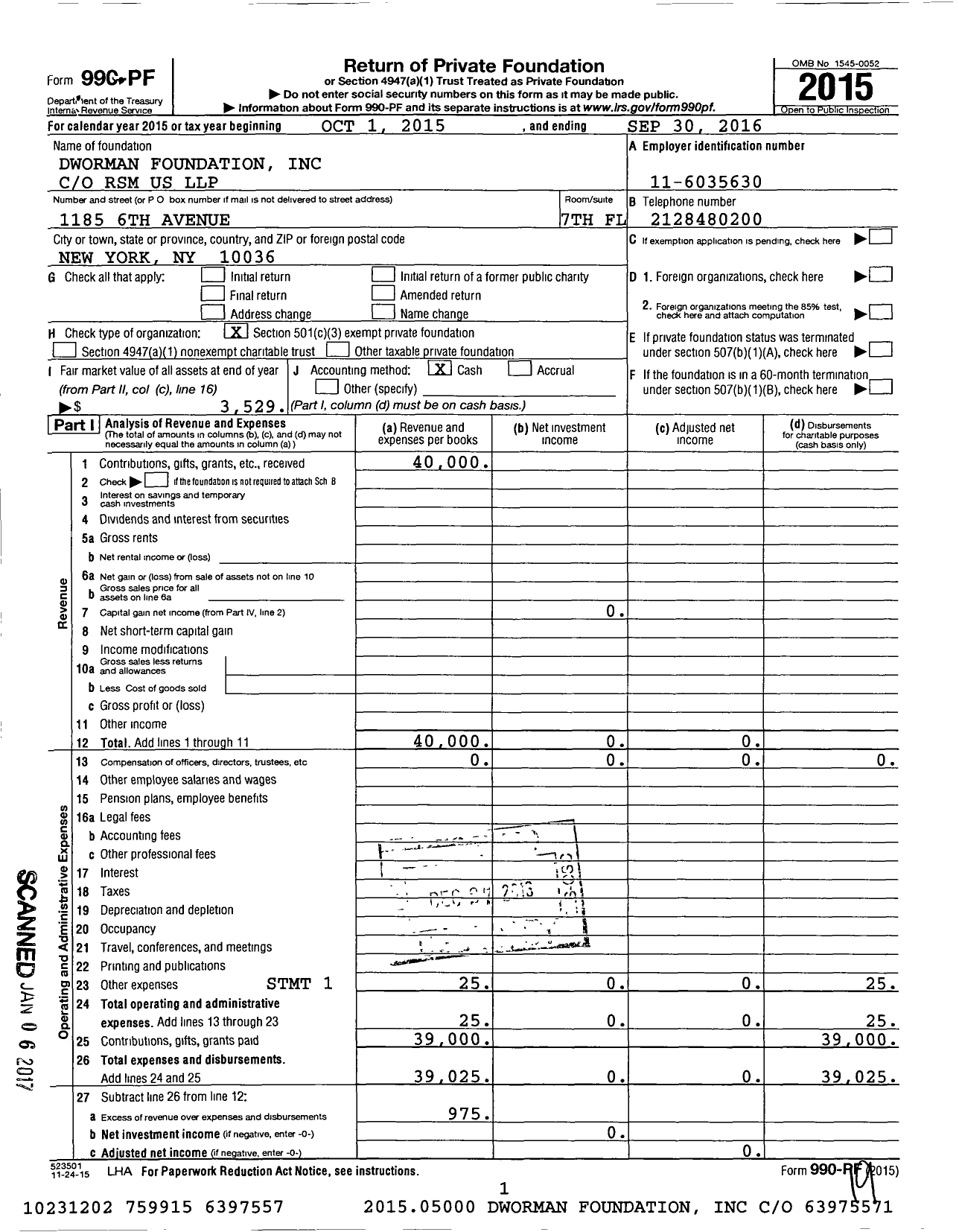 Image of first page of 2015 Form 990PF for Dworman Foundation