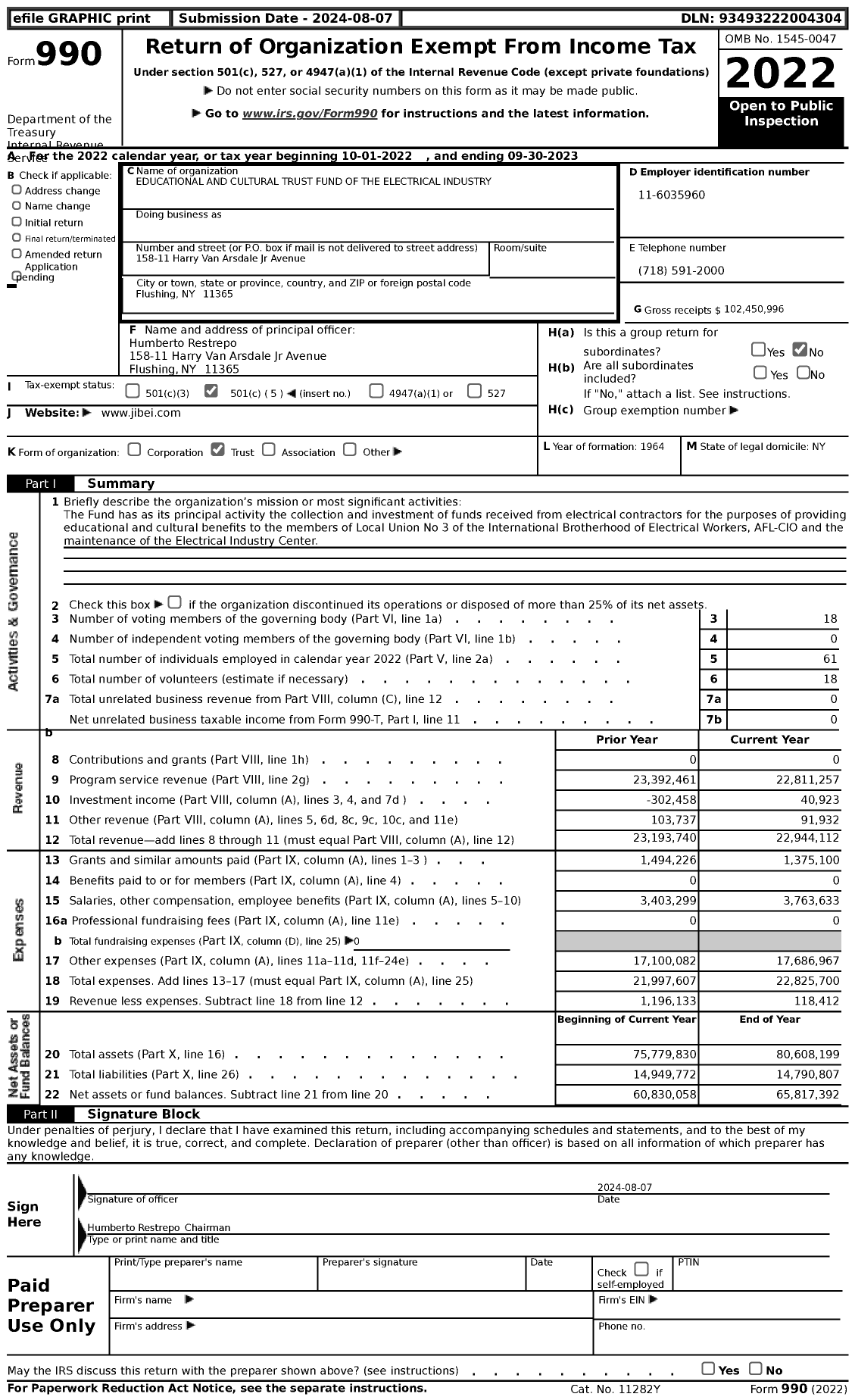 Image of first page of 2022 Form 990 for Educational and Cultural Trust Fund of the Electrical Industry