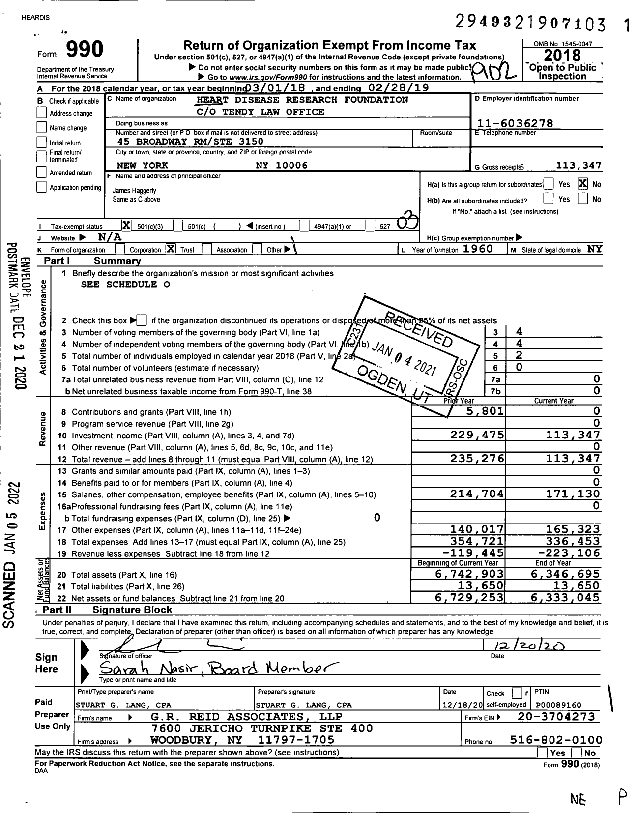 Image of first page of 2018 Form 990 for Heart Disease Research Foundation