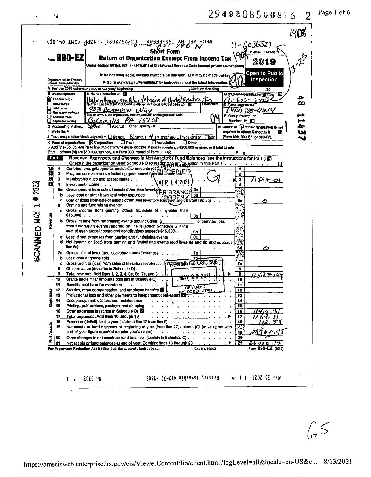 Image of first page of 2018 Form 990EO for Italian American War Veterans of the Us / Natl Dept