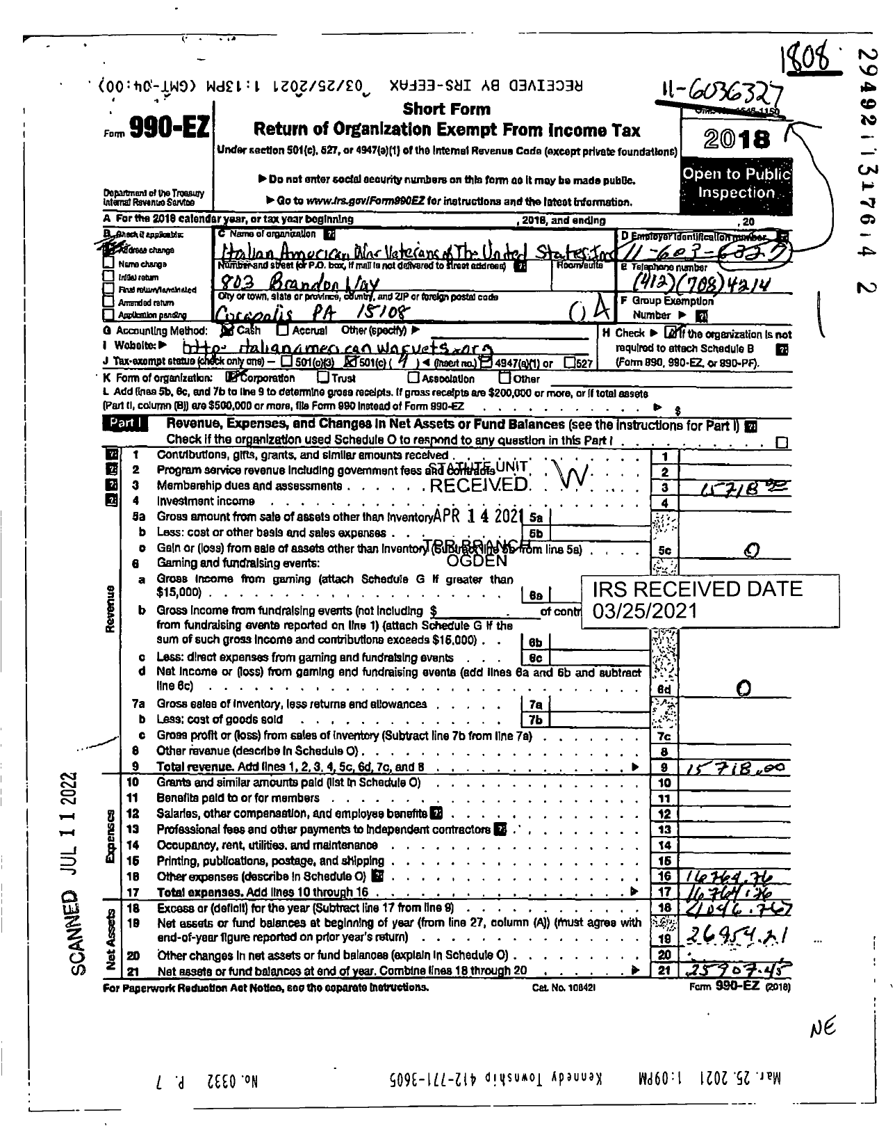 Image of first page of 2018 Form 990EO for Italian American War Veterans of the Us / Natl Dept