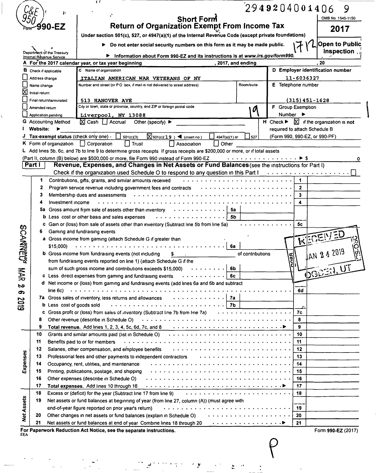 Image of first page of 2017 Form 990EO for Italian American War Veterans of the Us / Natl Dept