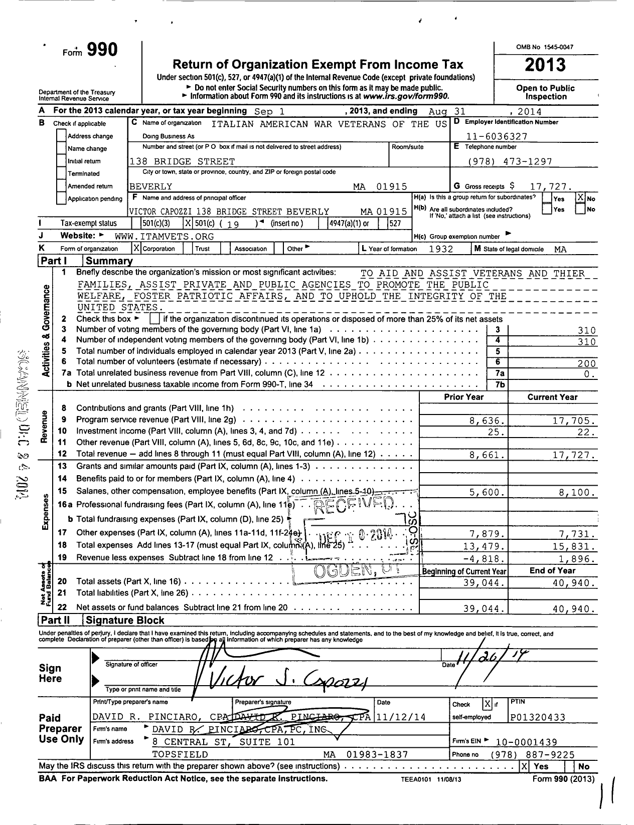 Image of first page of 2013 Form 990O for Italian American War Veterans of the Us / Natl Dept