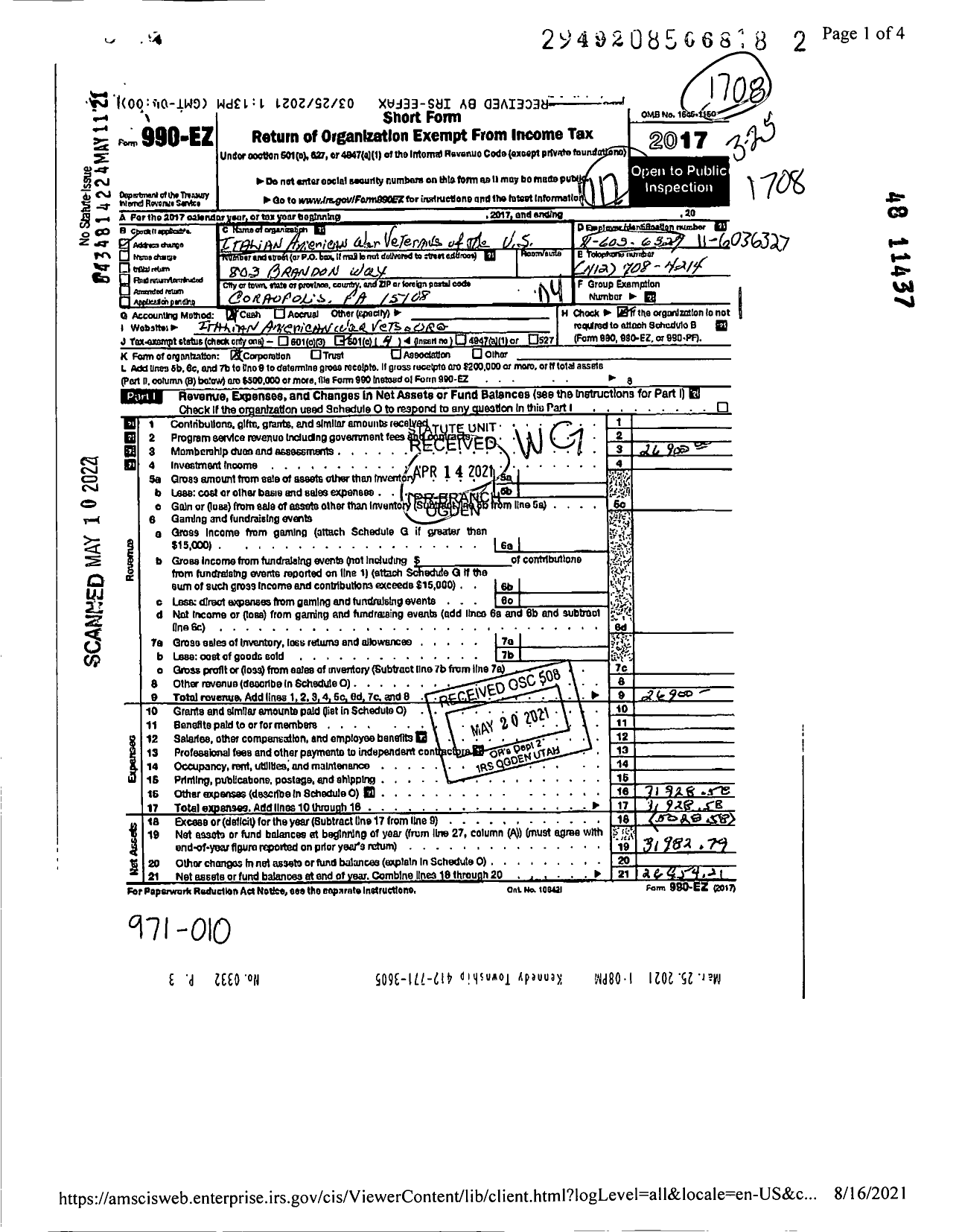 Image of first page of 2016 Form 990EO for Italian American War Veterans of the Us / Natl Dept