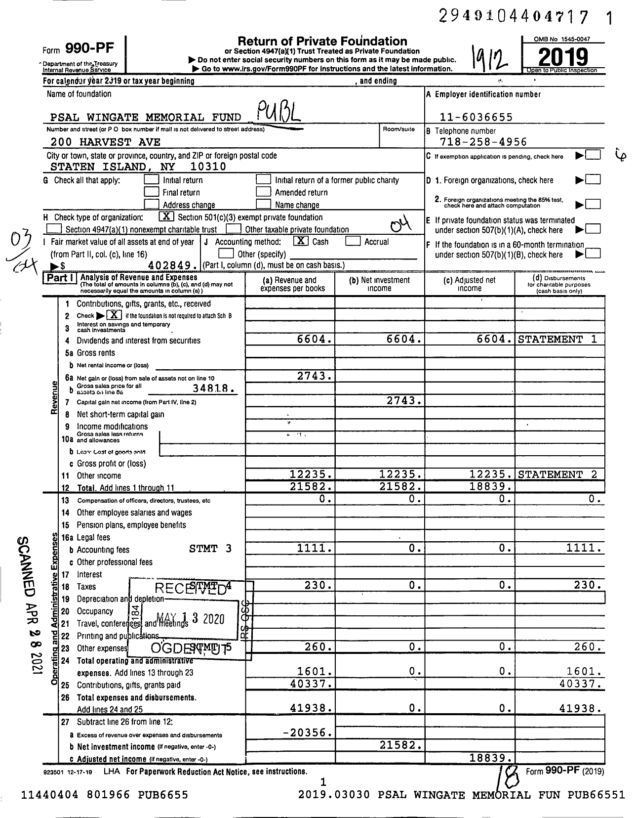 Image of first page of 2019 Form 990PF for Psal Wingate Memorial Fund