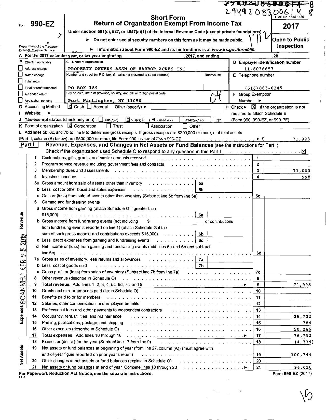 Image of first page of 2017 Form 990EO for Property Owners Association of Harbor Acres Incorporated