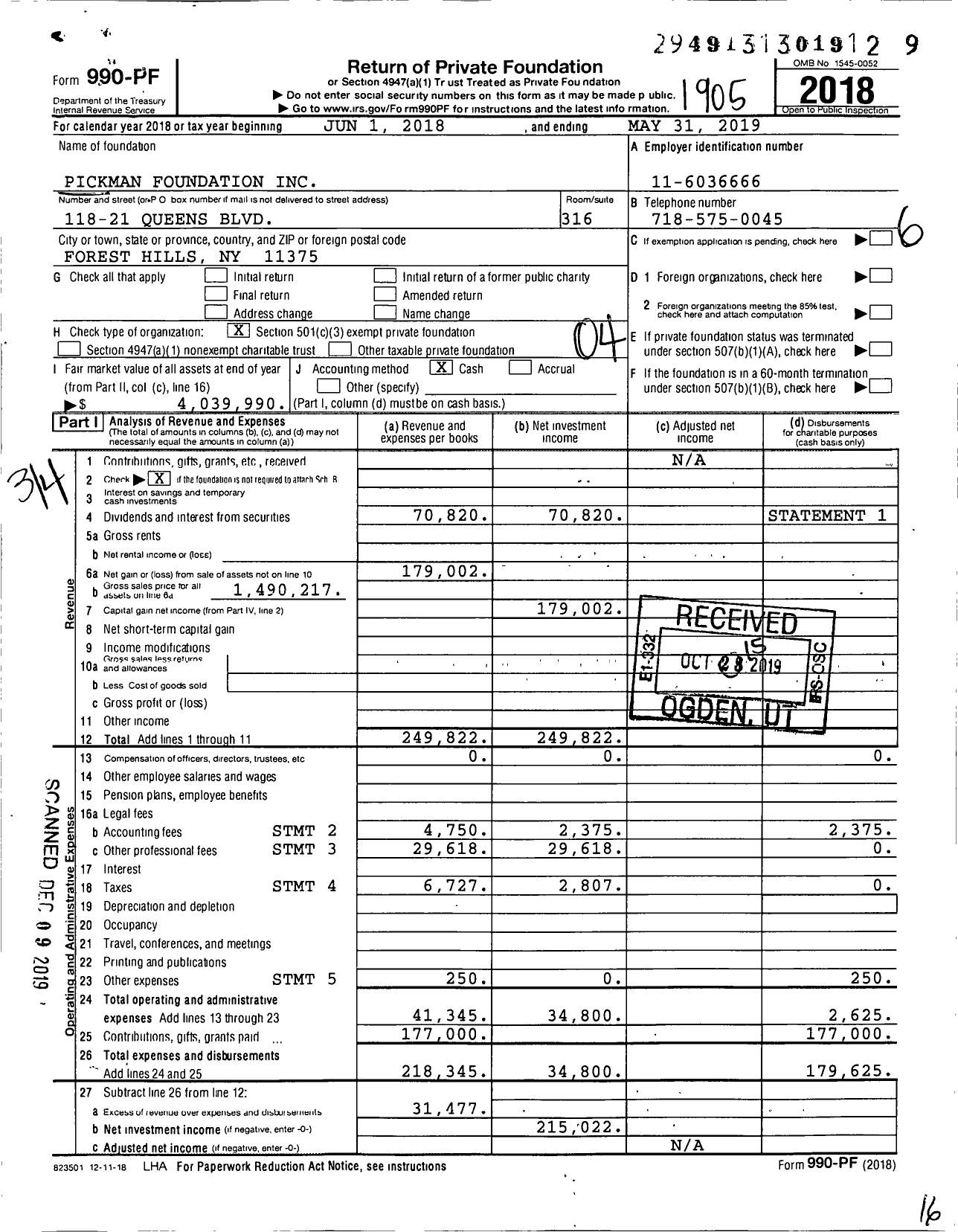 Image of first page of 2018 Form 990PF for Pickman Foundation