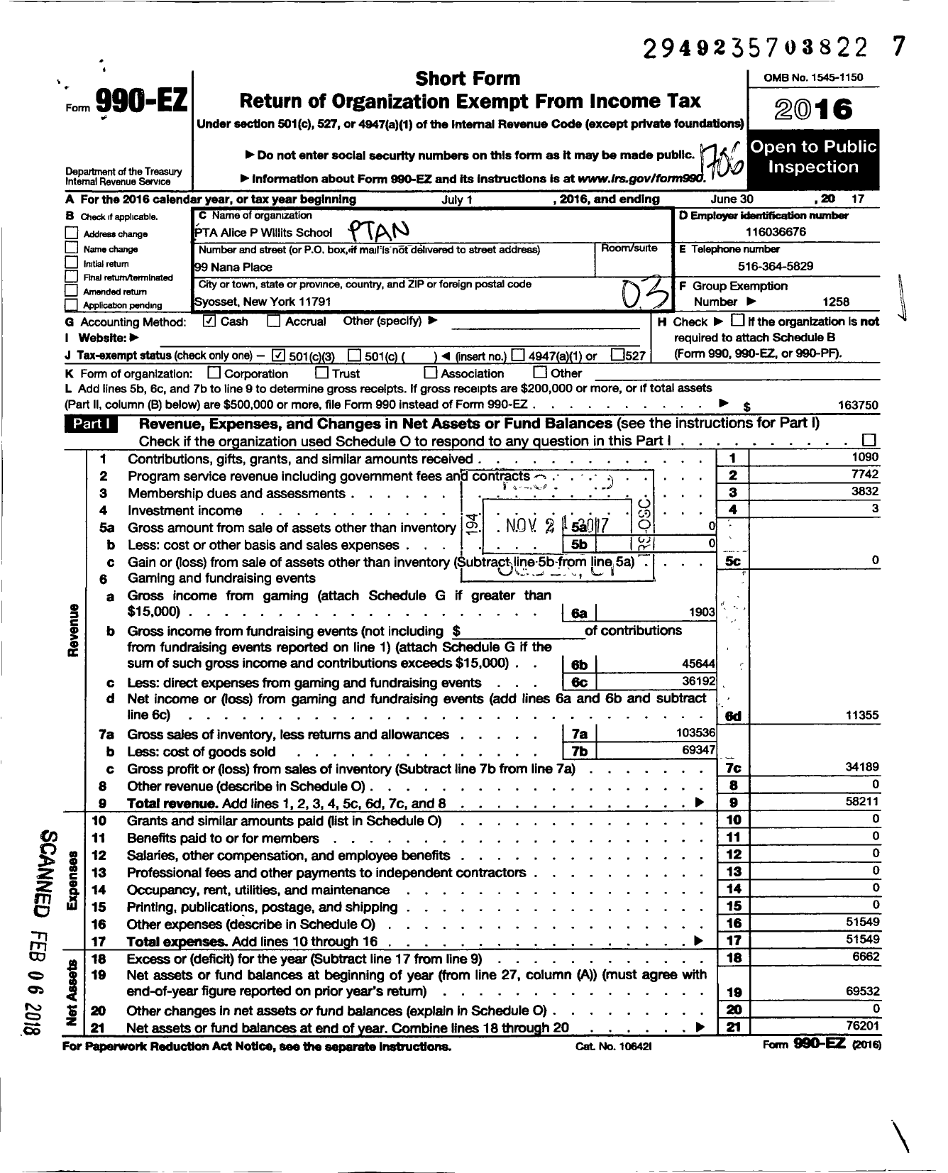 Image of first page of 2016 Form 990EZ for New York State PTA - 10-430 A P Willits PTA