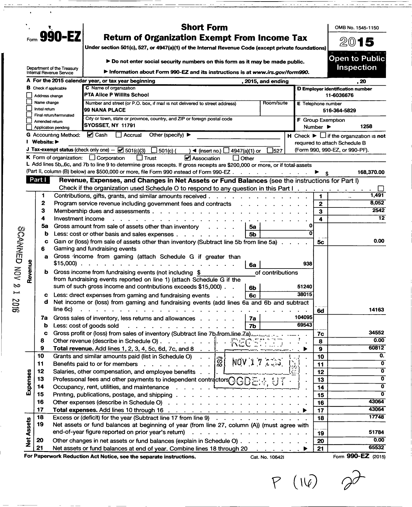 Image of first page of 2015 Form 990EZ for New York State PTA - 10-430 A P Willits PTA