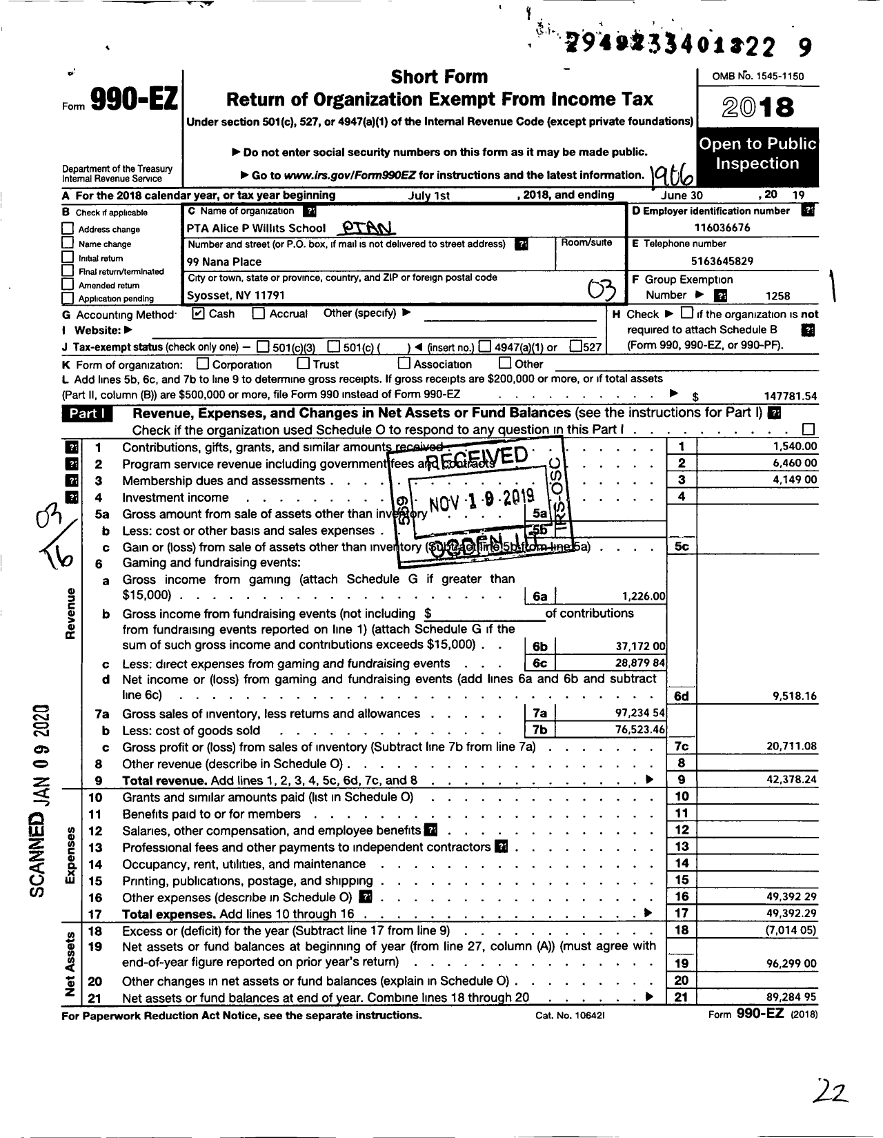 Image of first page of 2018 Form 990EZ for New York State PTA - 10-430 A P Willits PTA