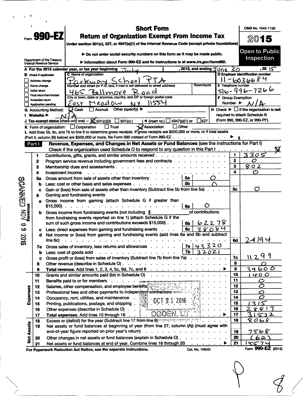 Image of first page of 2014 Form 990EZ for New York State PTA - 10-220 Parkway School PTA