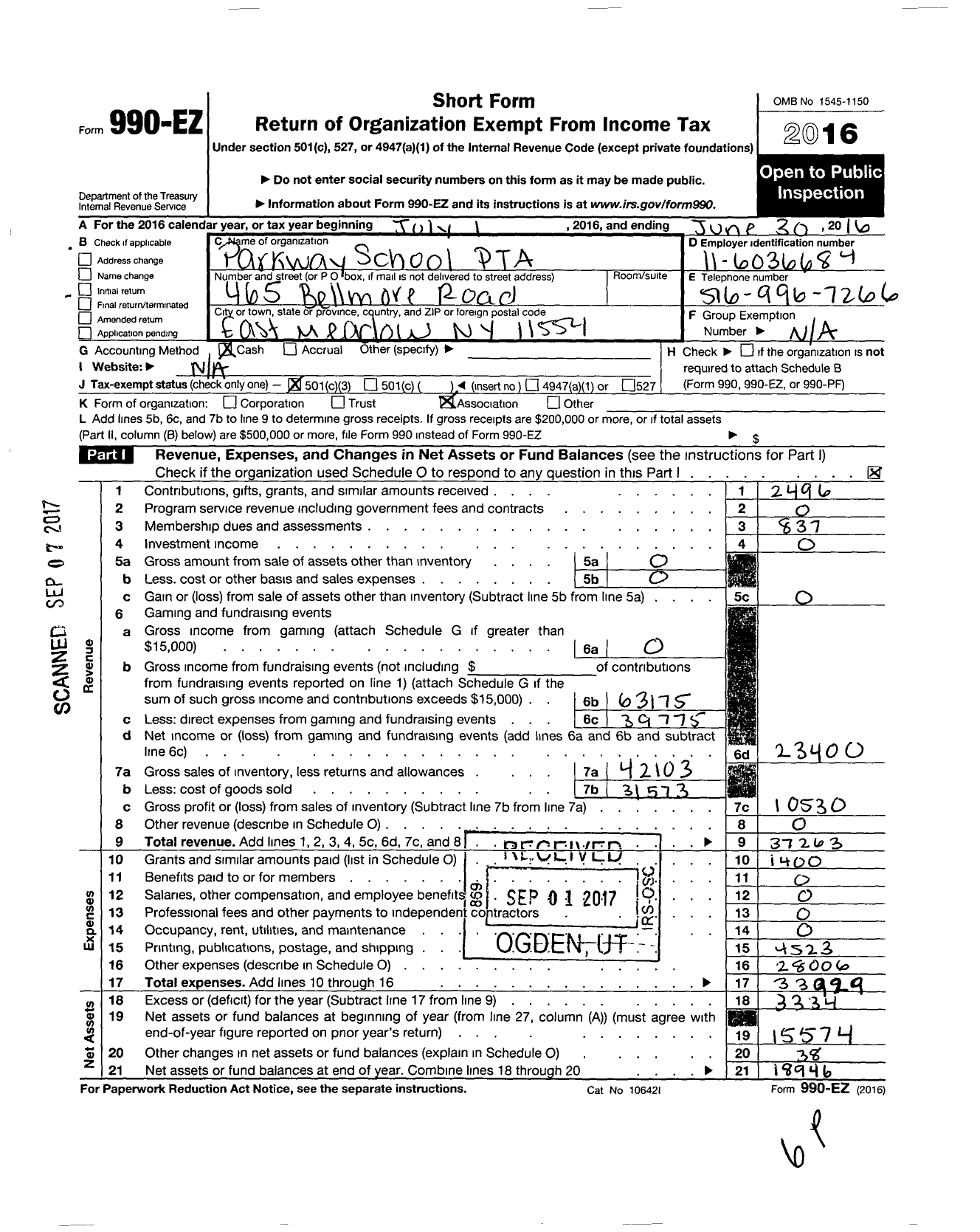 Image of first page of 2015 Form 990EZ for New York State PTA - 10-220 Parkway School PTA