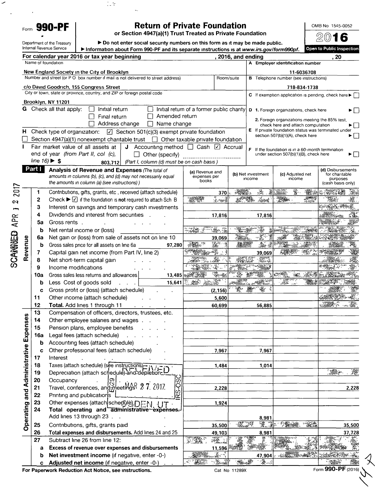 Image of first page of 2016 Form 990PF for New England Society in the City of Brooklyn