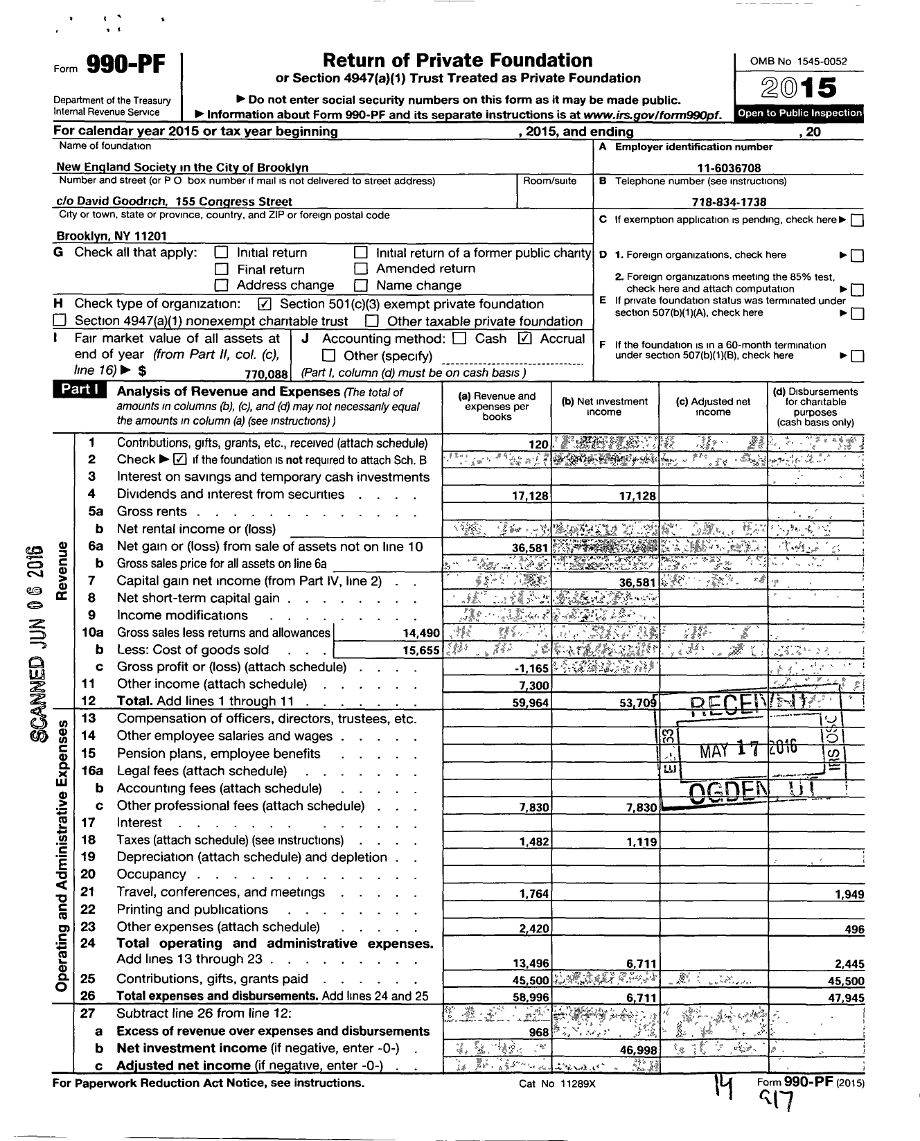 Image of first page of 2015 Form 990PF for New England Society in the City of Brooklyn