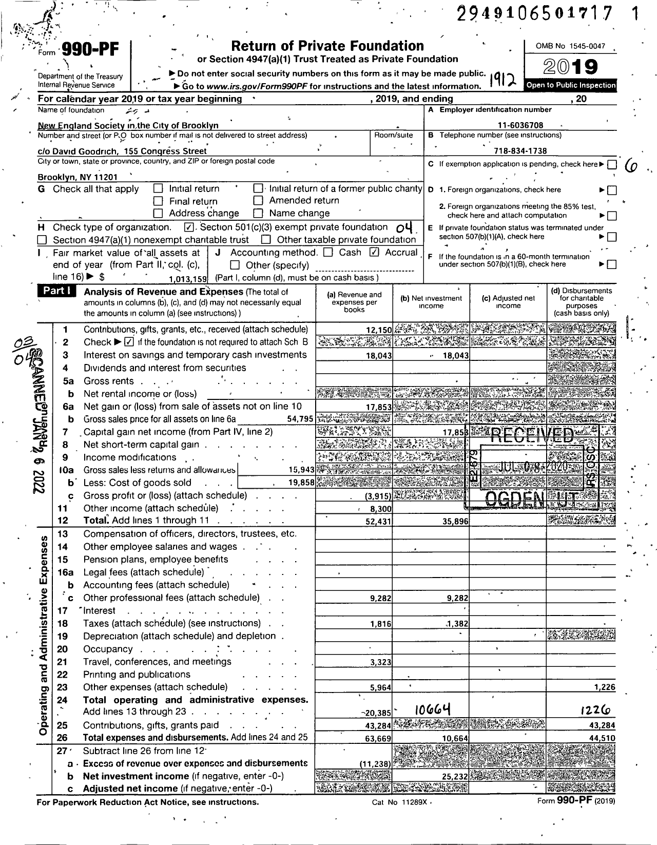 Image of first page of 2019 Form 990PF for New England Society in the City of Brooklyn