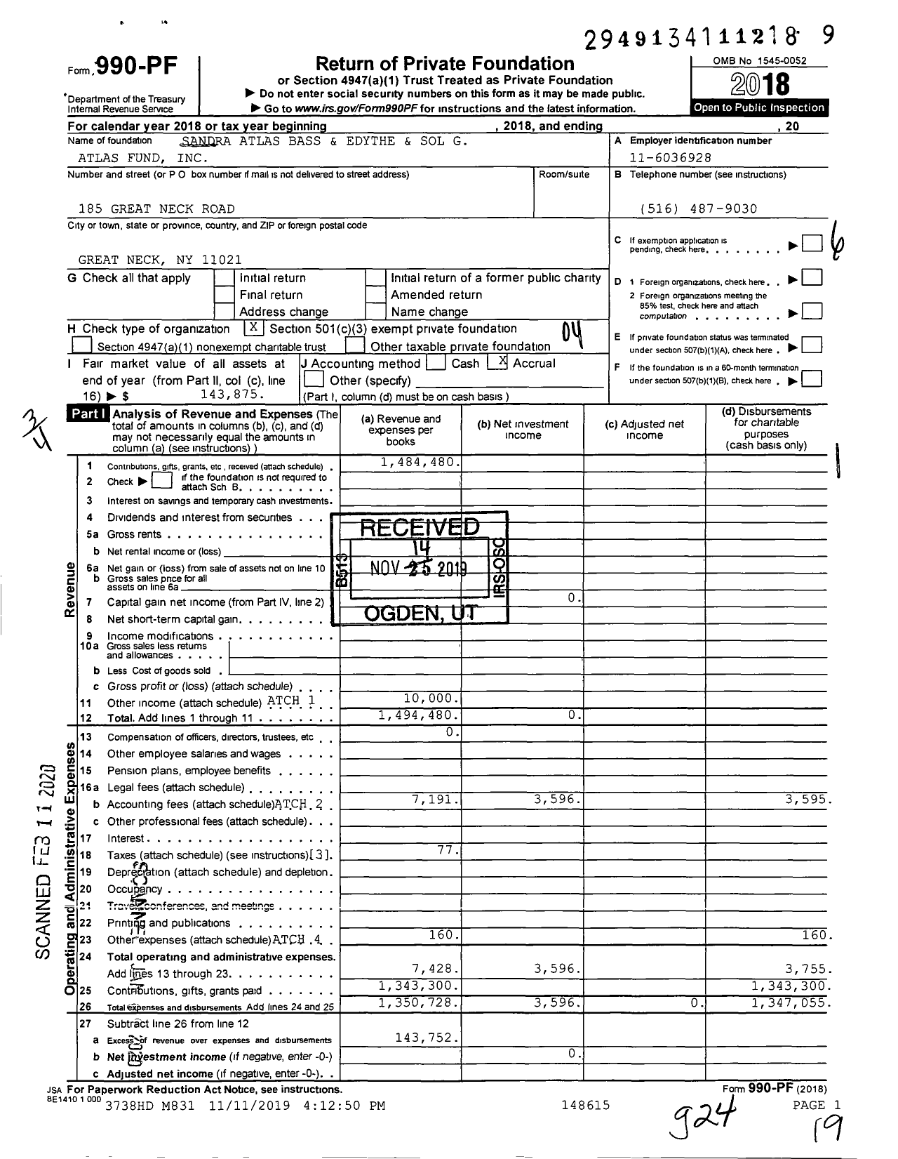 Image of first page of 2018 Form 990PF for Sandra Atlas Bass and Edythe and Sol G Atlas Fund