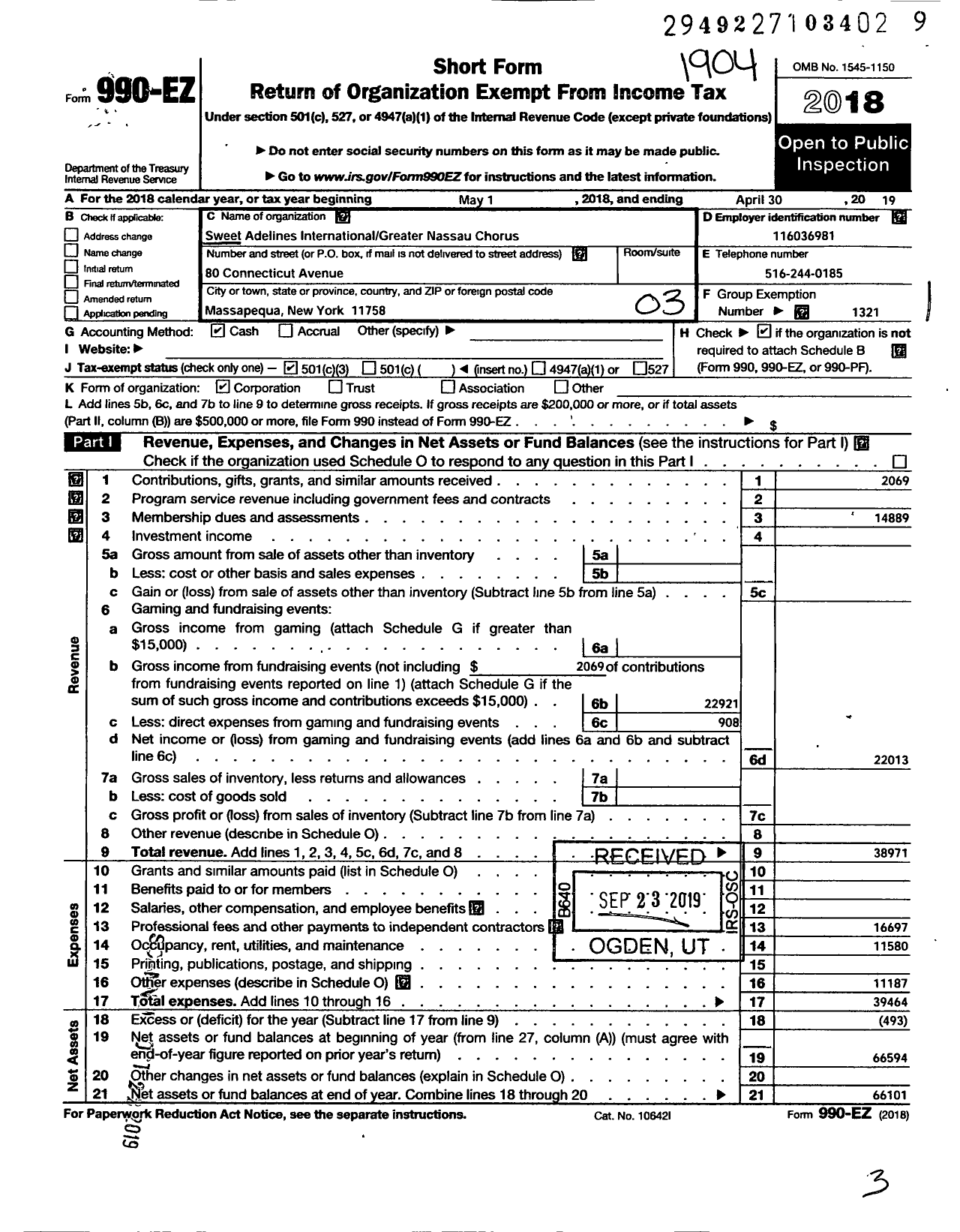 Image of first page of 2018 Form 990EZ for SWEET ADELINES INTERNATIONAL - Greater Nassau