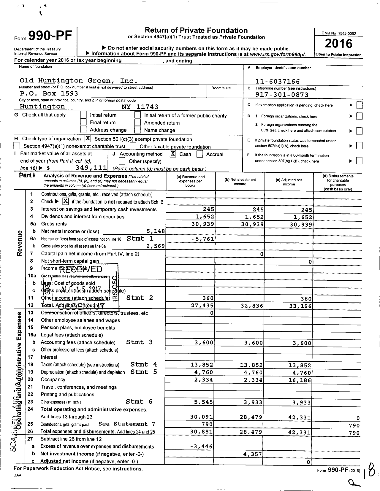 Image of first page of 2016 Form 990PF for Old Huntington Green