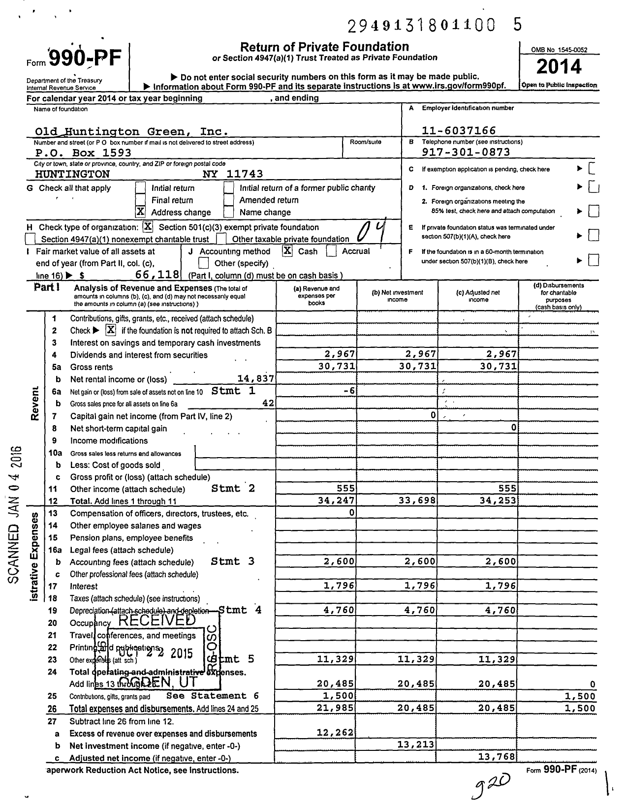 Image of first page of 2014 Form 990PF for Old Huntington Green