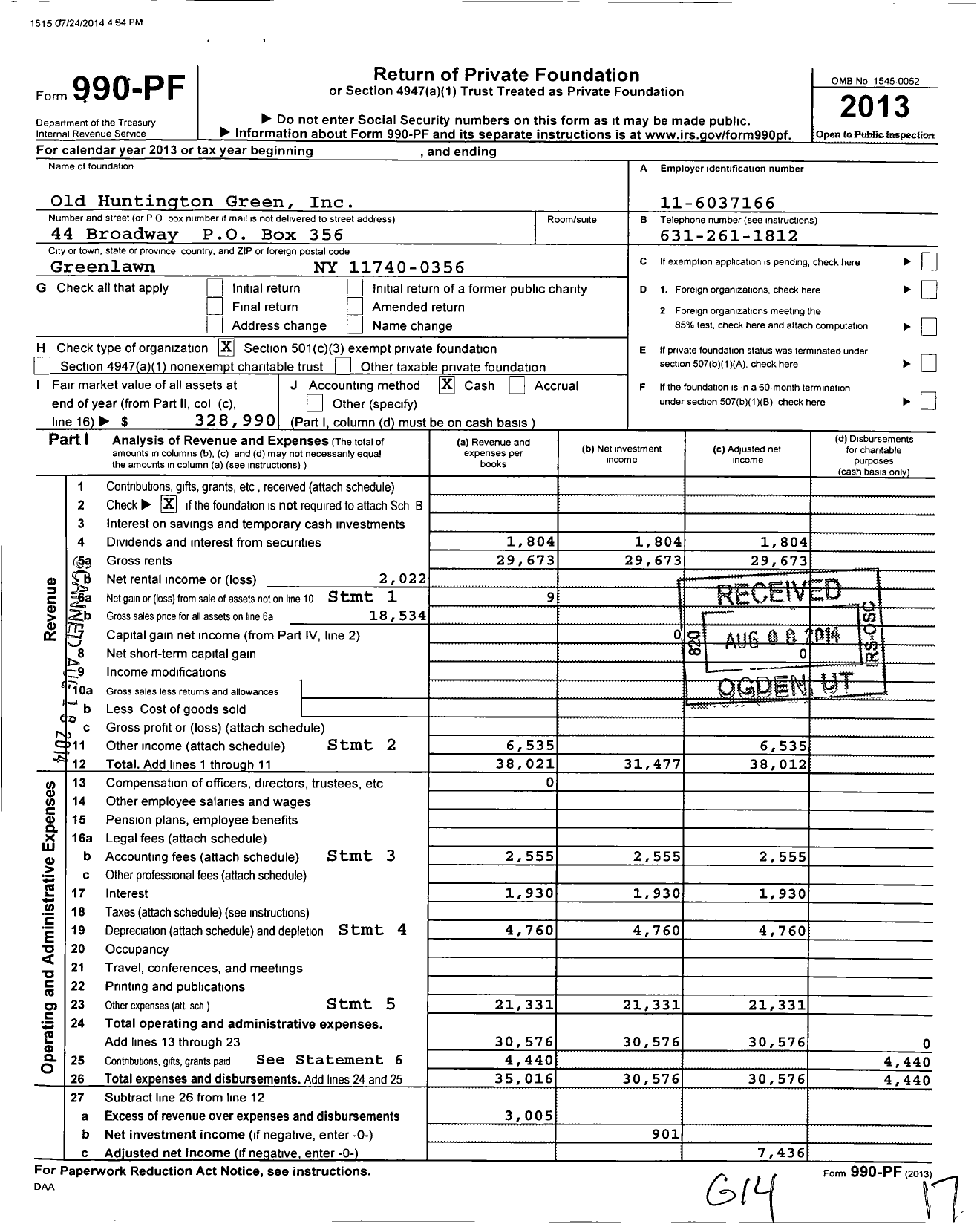 Image of first page of 2013 Form 990PF for Old Huntington Green