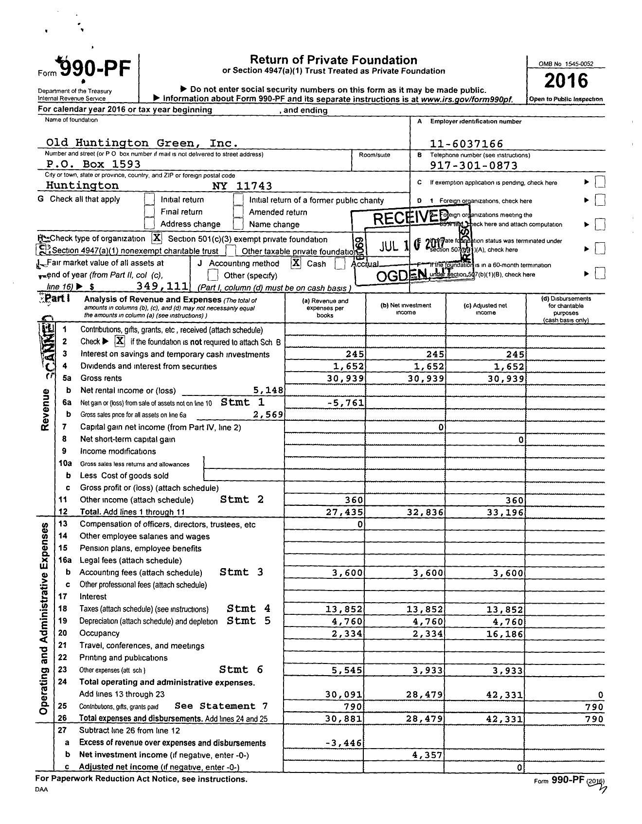 Image of first page of 2016 Form 990PF for Old Huntington Green