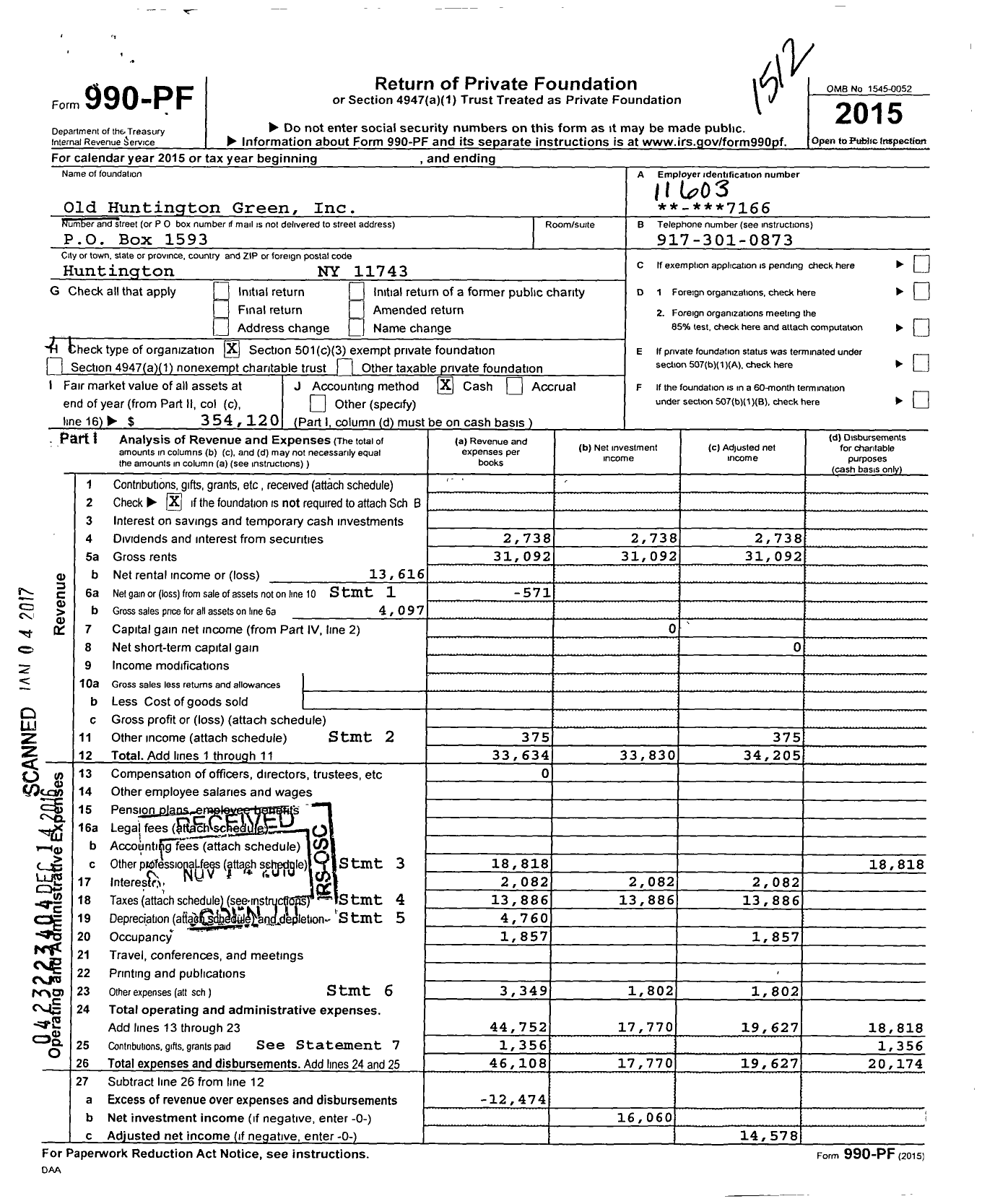 Image of first page of 2015 Form 990PF for Old Huntington Green