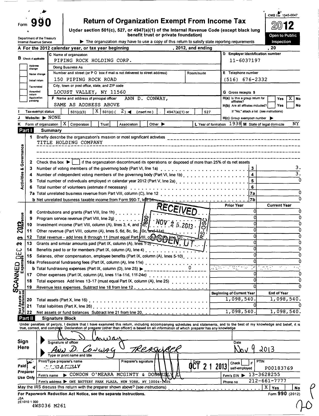 Image of first page of 2012 Form 990O for Piping Rock Holding Corporation