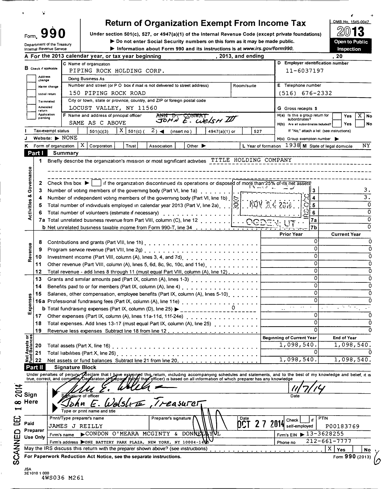 Image of first page of 2013 Form 990O for Piping Rock Holding Corporation