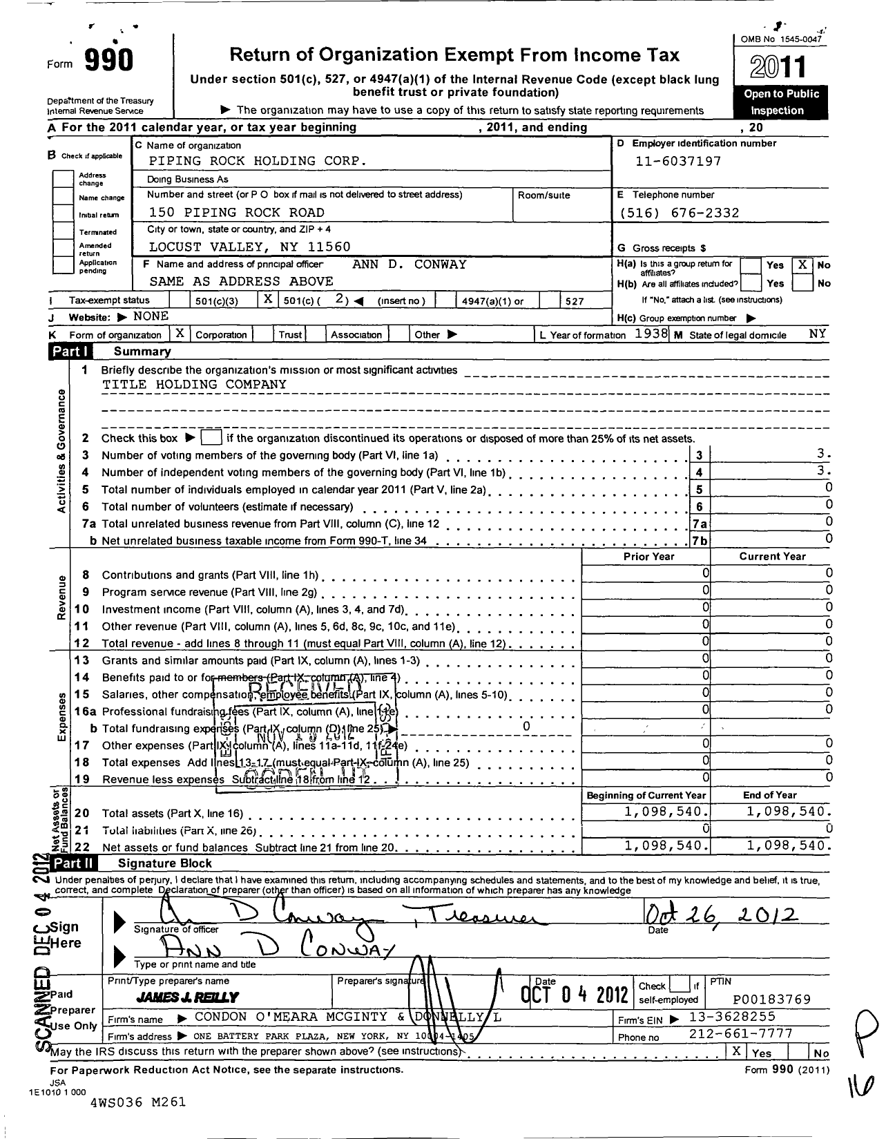 Image of first page of 2011 Form 990O for Piping Rock Holding Corporation