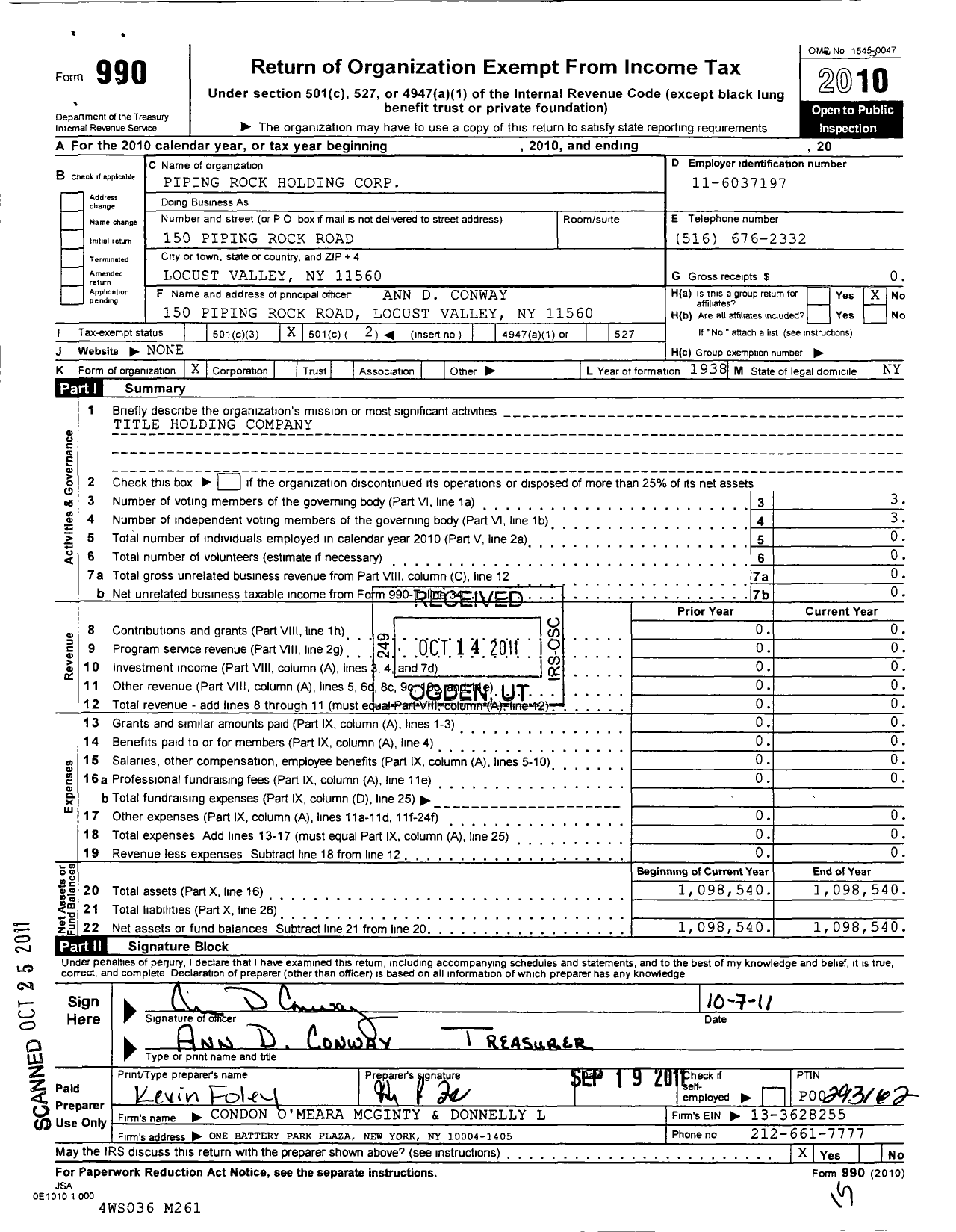 Image of first page of 2010 Form 990O for Piping Rock Holding Corporation