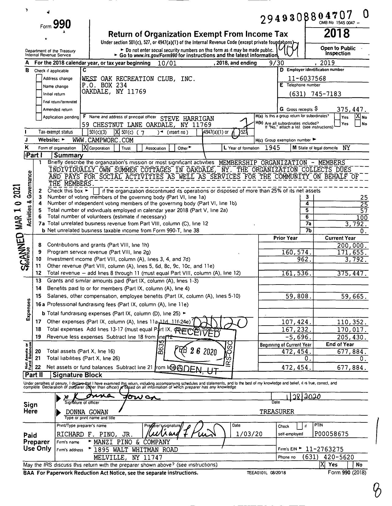 Image of first page of 2018 Form 990O for West Oak Recreation Club