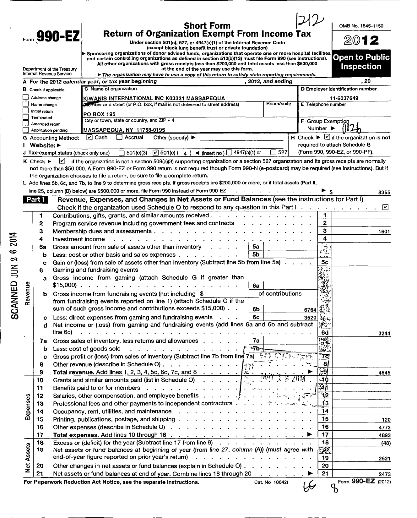 Image of first page of 2012 Form 990EO for Kiwanis International - K03331 Massapequa