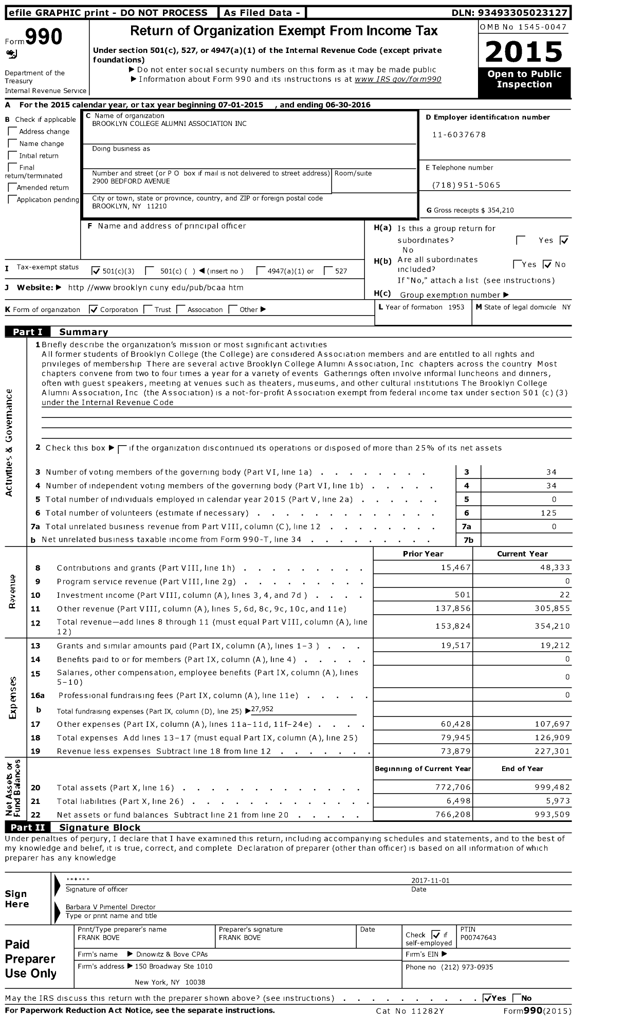 Image of first page of 2015 Form 990 for Brooklyn College Alumni Association