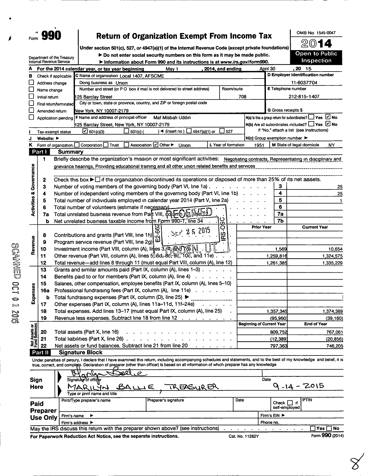 Image of first page of 2014 Form 990 for American Federation of State County & Municipal Employees - Union