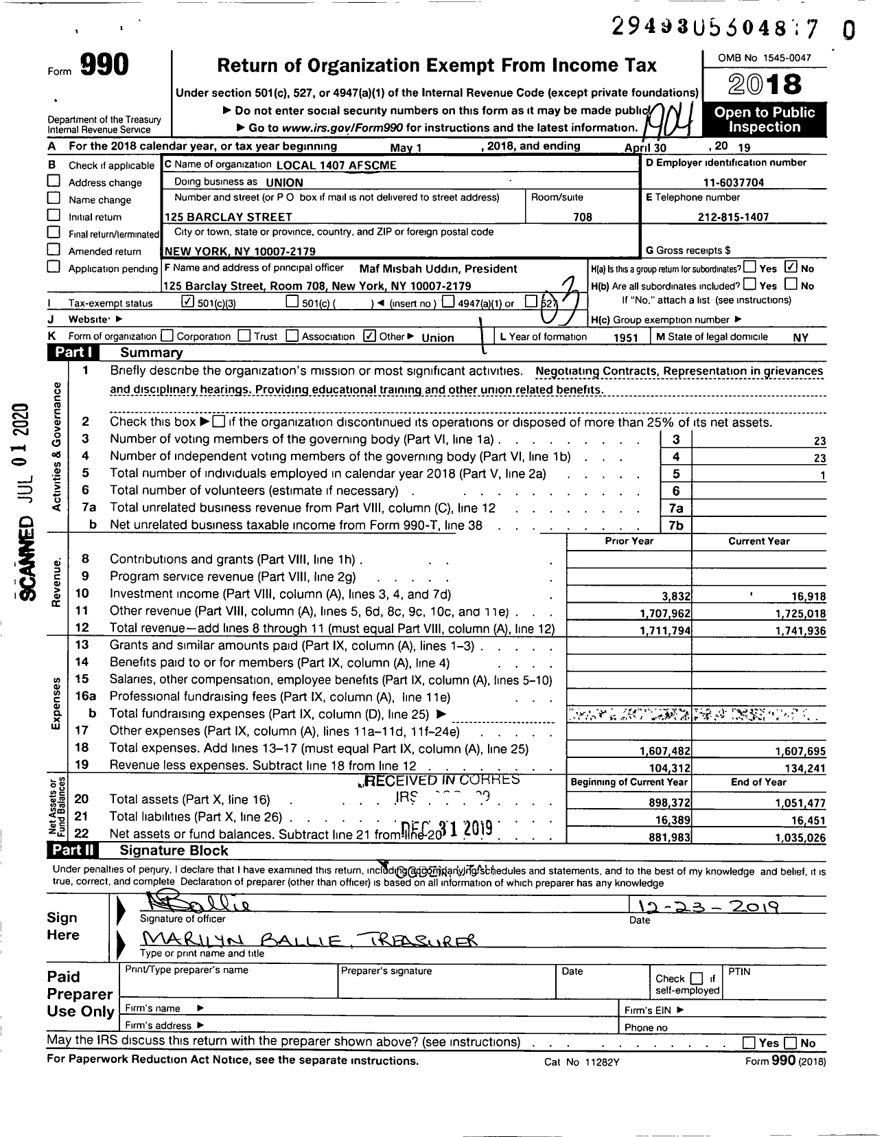 Image of first page of 2018 Form 990 for American Federation of State County & Municipal Employees - Union