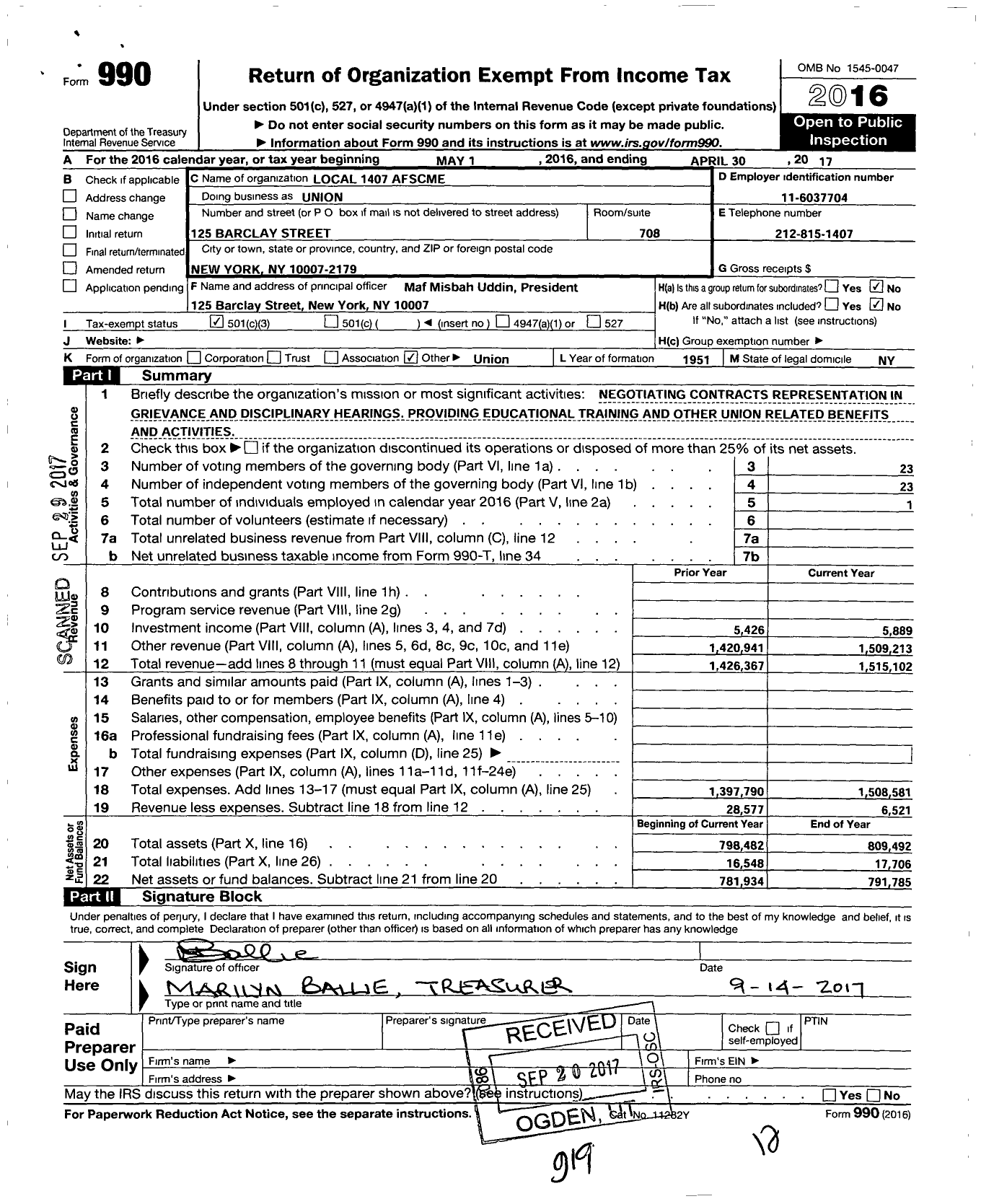 Image of first page of 2016 Form 990 for American Federation of State County & Municipal Employees - Union