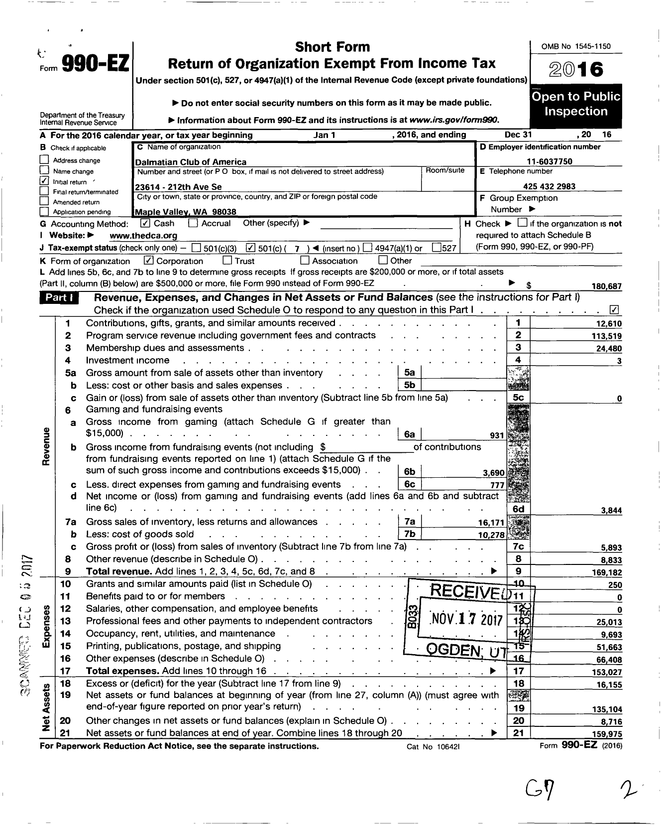 Image of first page of 2016 Form 990EO for Dalmatian Club of America