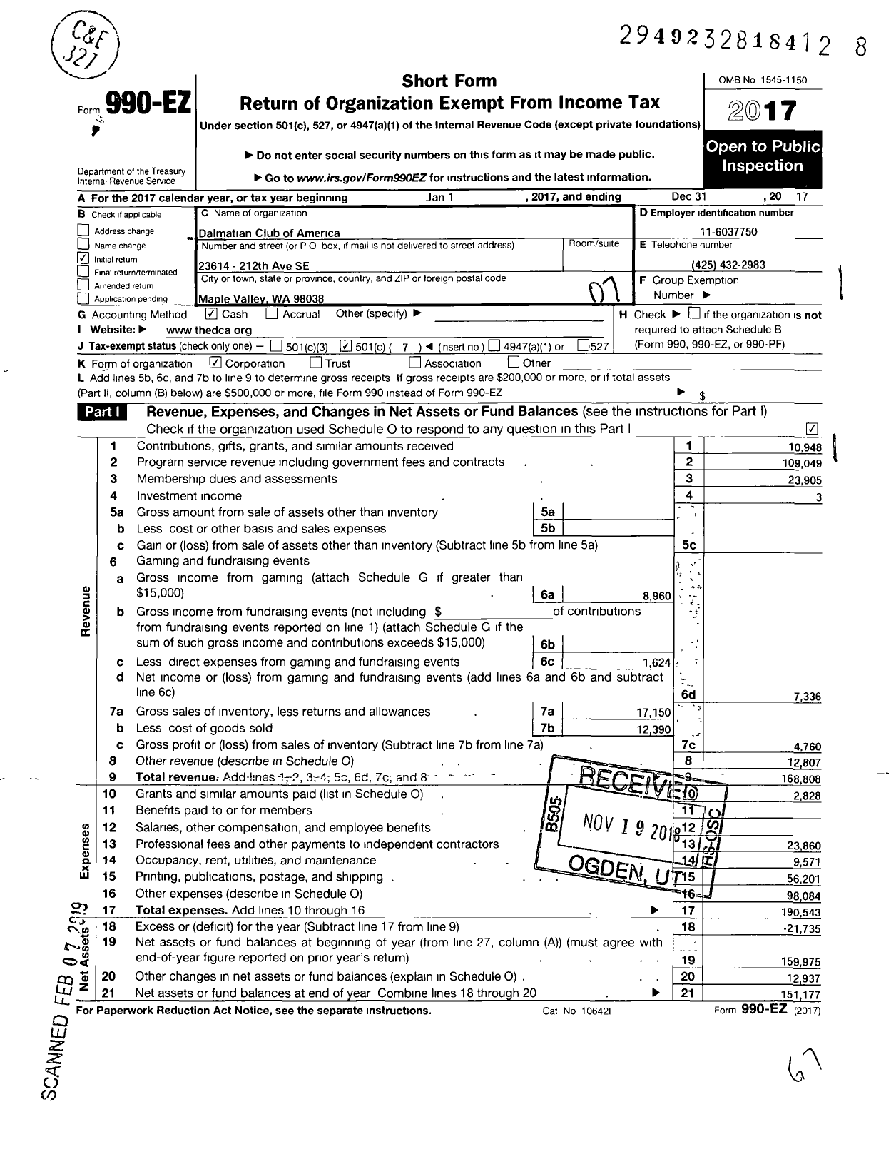 Image of first page of 2017 Form 990EO for Dalmatian Club of America