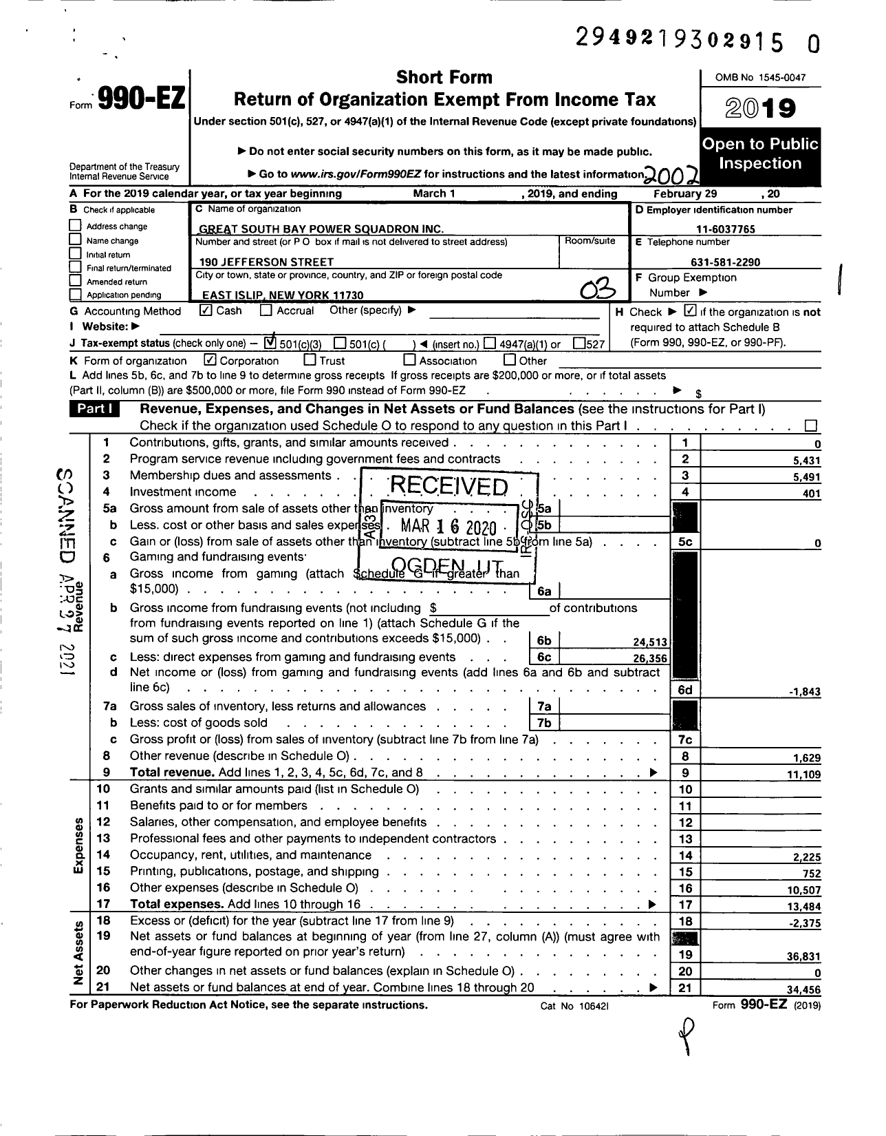 Image of first page of 2019 Form 990EZ for United States Power Squadrons - 3 Great South Bay Power Squadron