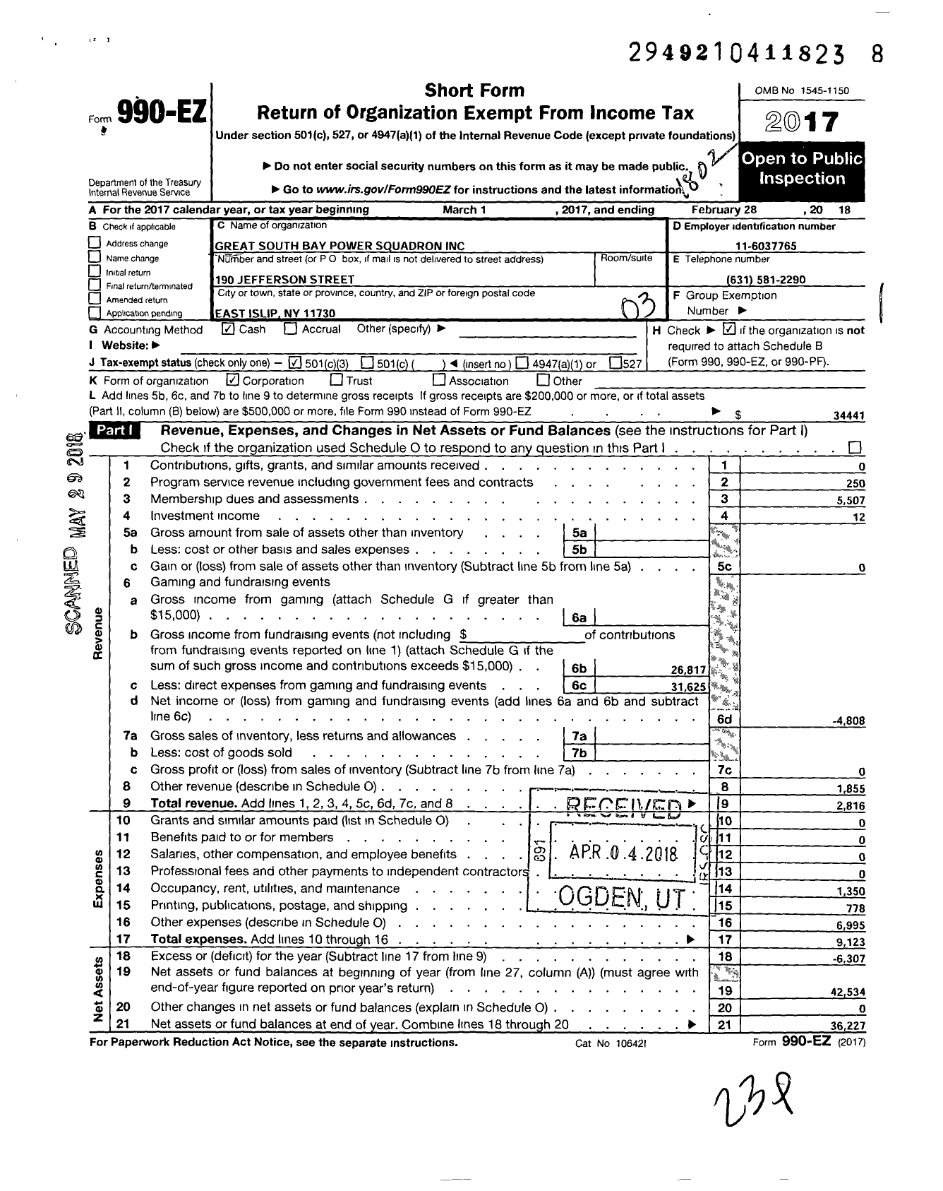 Image of first page of 2017 Form 990EZ for United States Power Squadrons - 3 Great South Bay Power Squadron