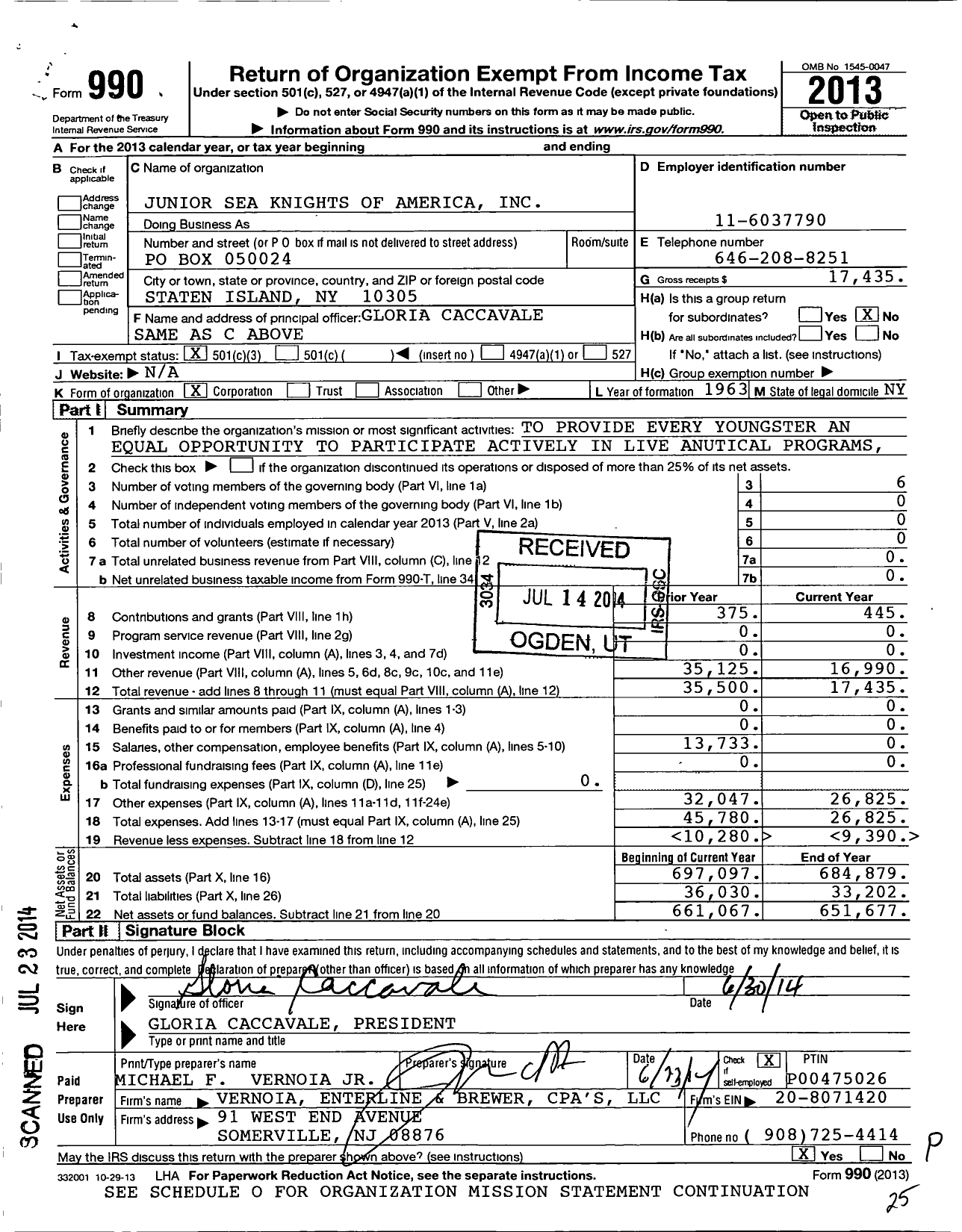 Image of first page of 2013 Form 990 for Junior Sea Knights of America