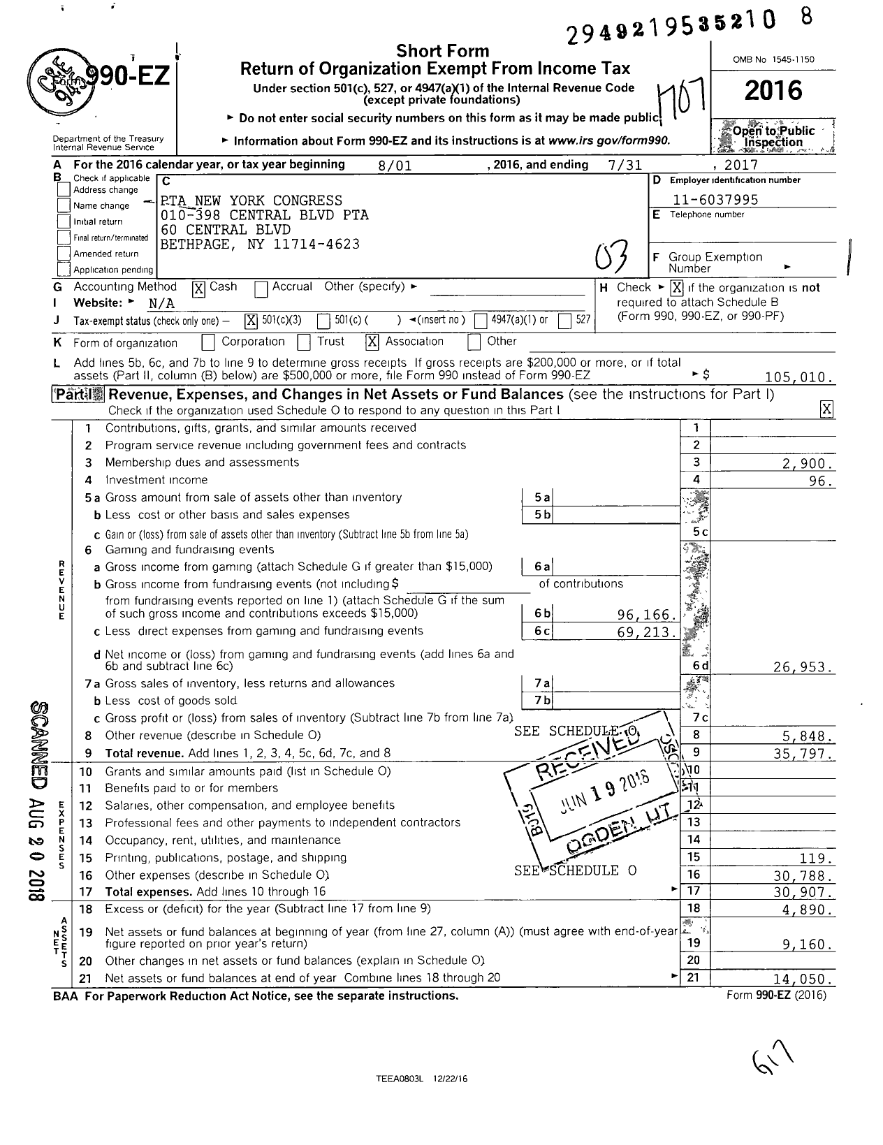 Image of first page of 2016 Form 990EZ for New York State PTA - 10-398 Central Blvd PTA