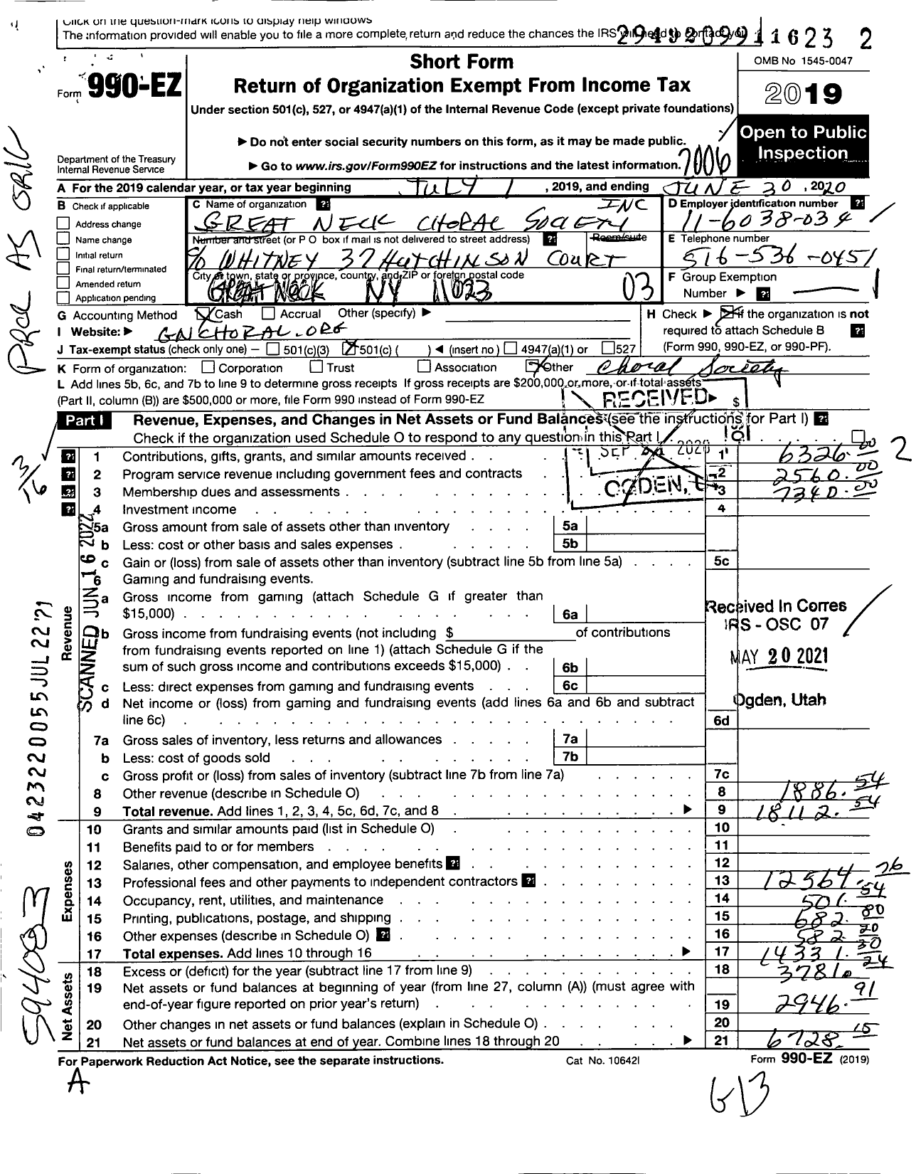 Image of first page of 2019 Form 990EZ for Great Neck Choral Society