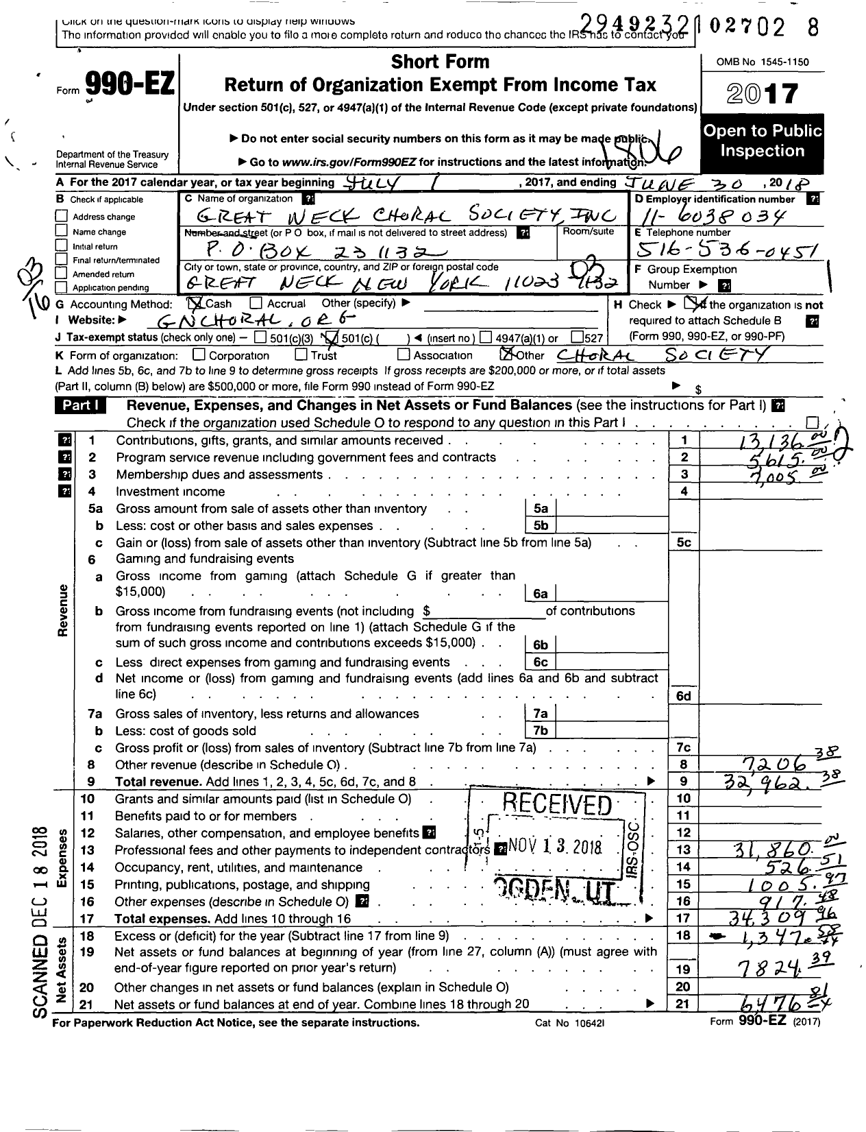 Image of first page of 2017 Form 990EZ for Great Neck Choral Society