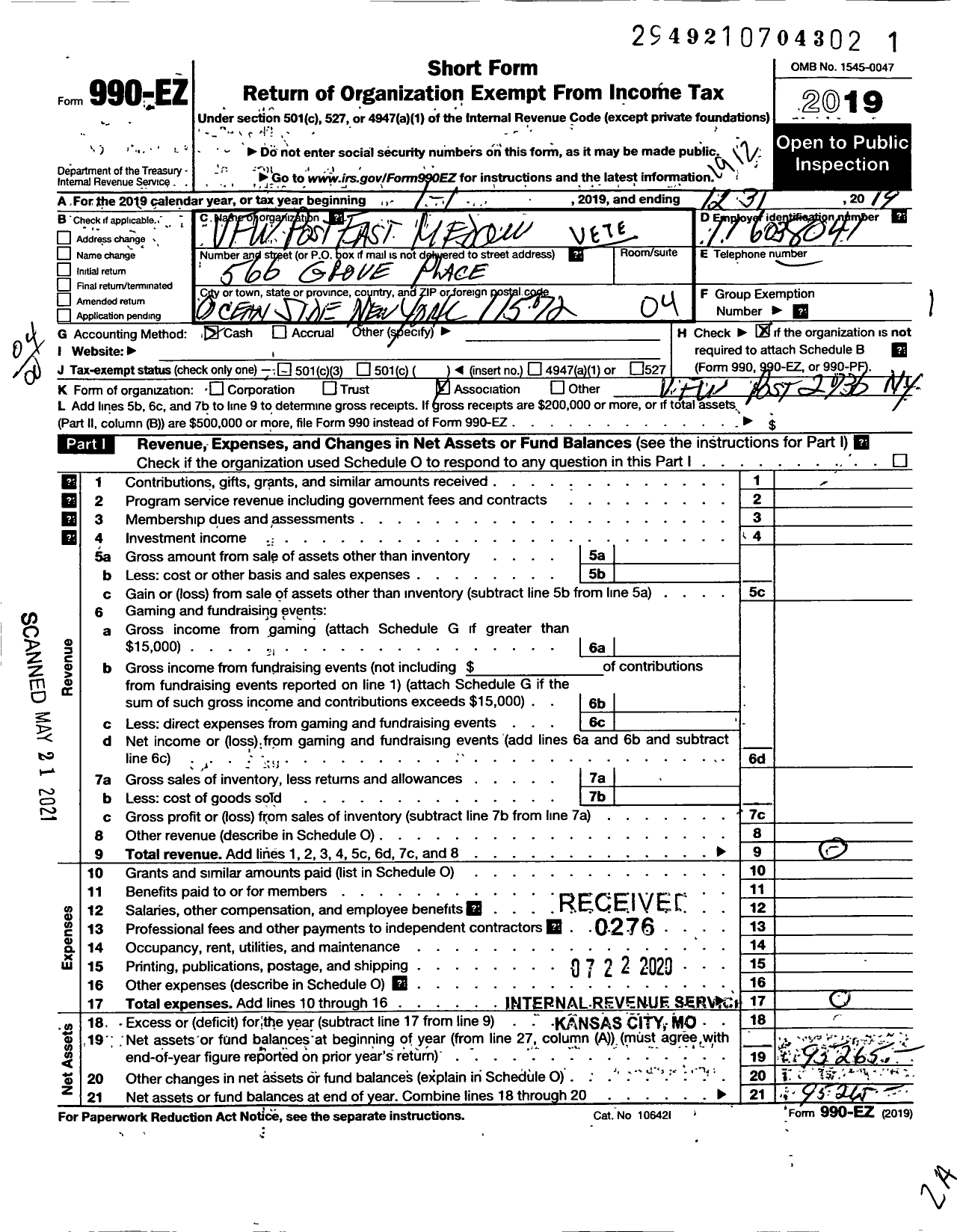 Image of first page of 2019 Form 990EO for East Meadow Overseas Veterans Memorial Association