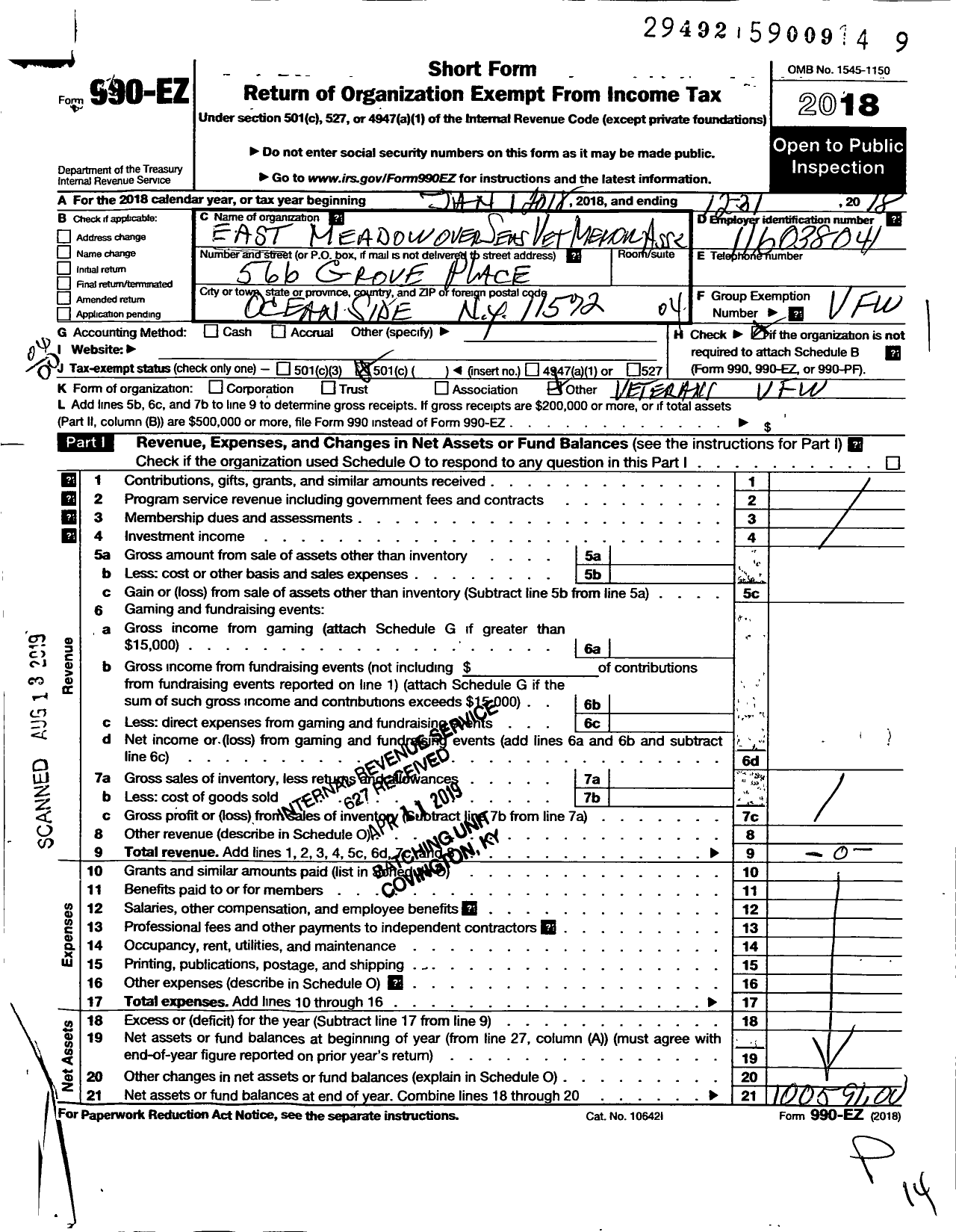 Image of first page of 2018 Form 990EO for East Meadow Overseas Veterans Memorial Association